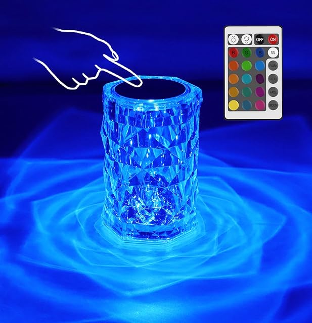 Aiscool Crystal Lamp, Touch Control Rose Crystal Lamp 16 RGB Colours and Dimer Night Light, Rechargeable Diamond Bedside Table Lamp Remote Control, LED Atmosphere Desk Lamp for Living Room Bedroom