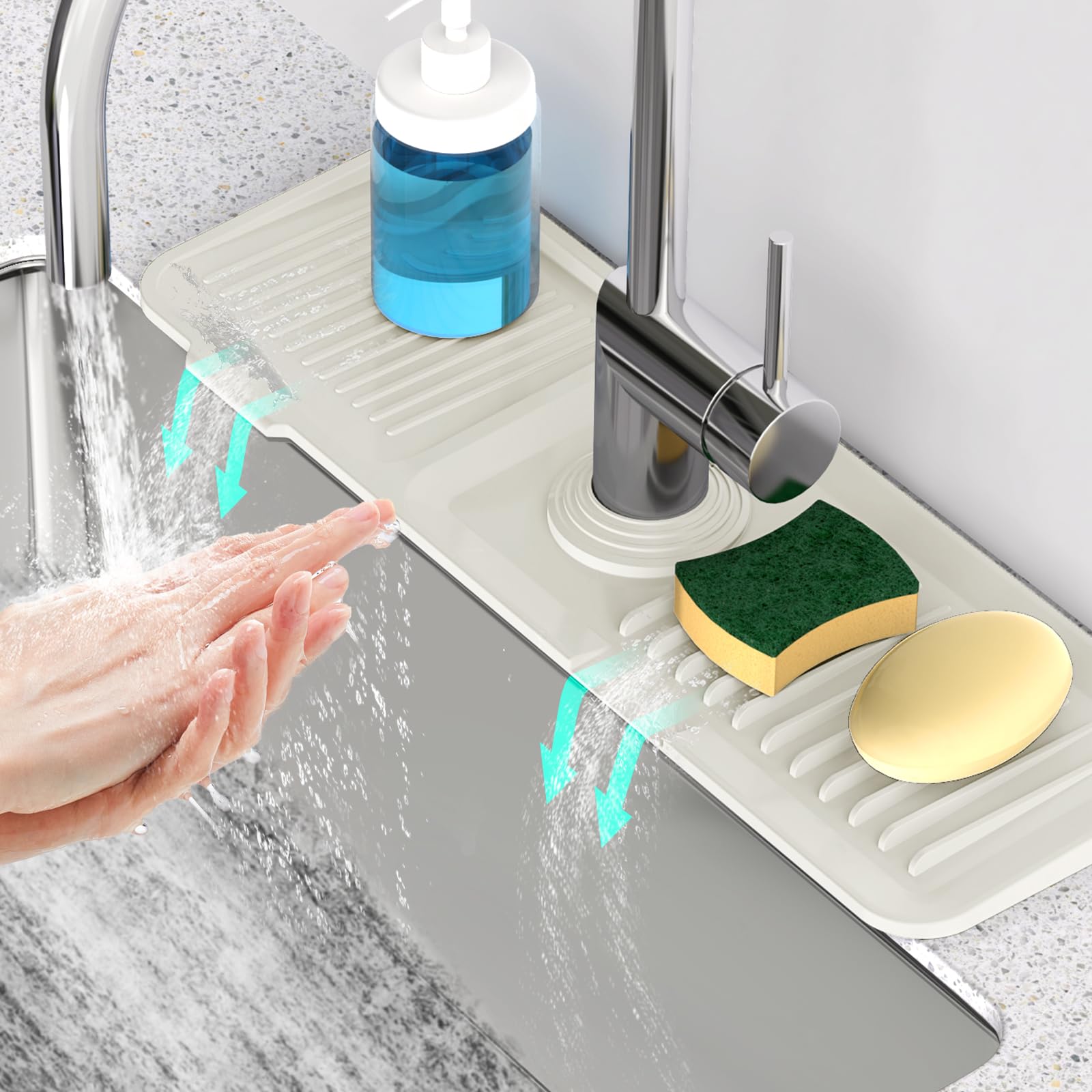 Photo 1 of 17.7inch Faucet Mat for Kitchen Sink [5°Slope Fast Self-draining] Faucet Mat Kitchen Sink Splash Guard Silicone Sink Splash Guard Kitchen Sink Area Tidy Splash Faucet Guard Draining Mat-Beige