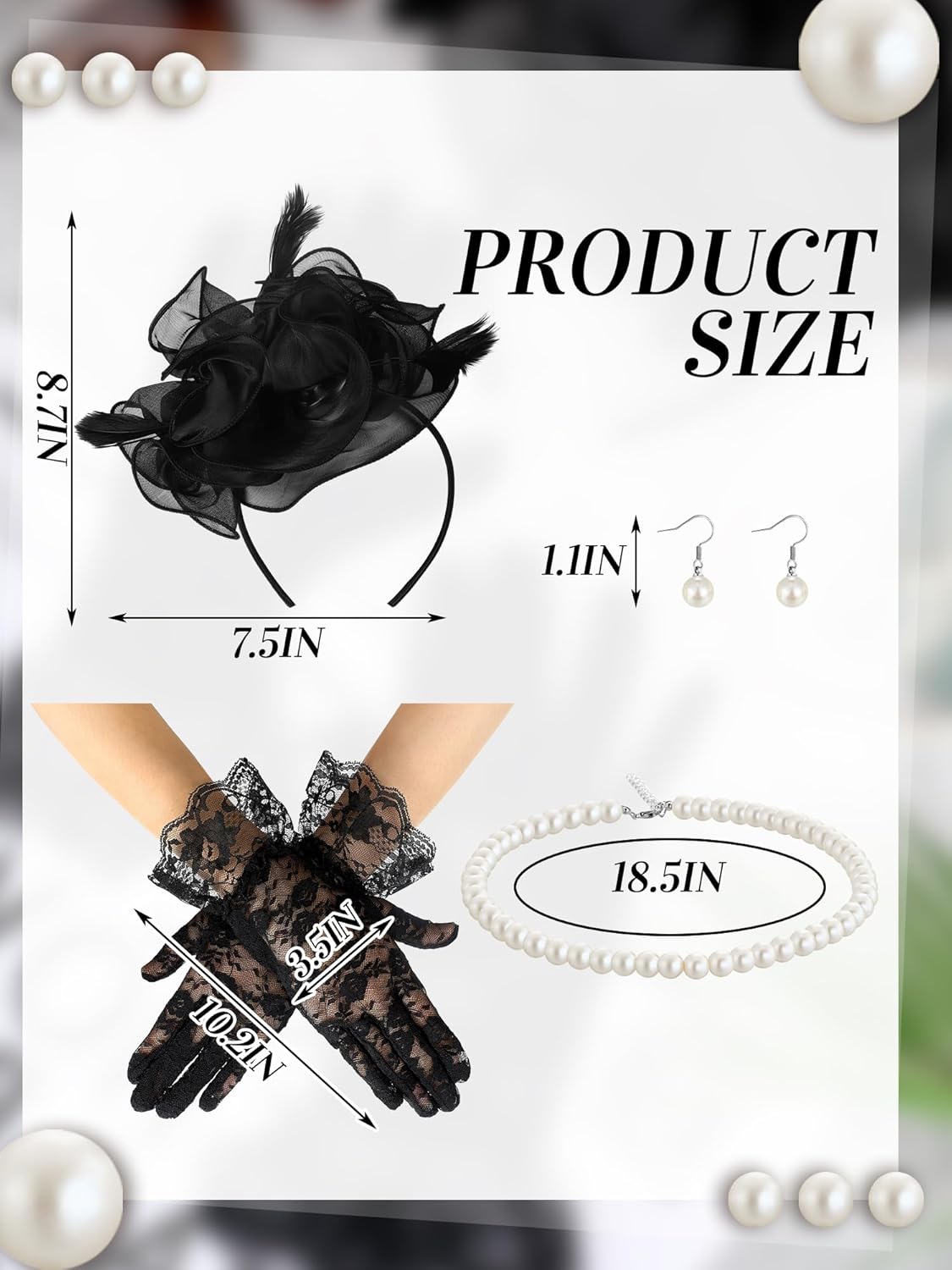 Bonuci 4 Pcs 50s Fascinator Hat for Women Black Funeral Veil Hat Tea Party Headpiece Lace Glove Pearl Necklace Earring - Image 3
