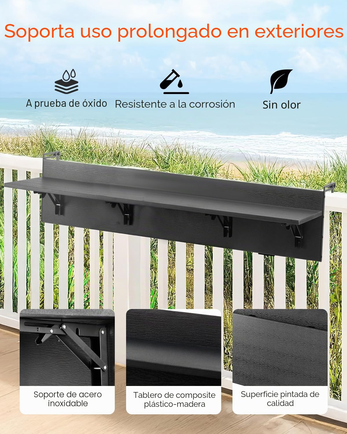 VEVOR Mesa Colgante para Balcón, Mesa Plegable con Barandilla para Balcón de 1500 x 450 x 240 mm, Carga de 22,68 kg, se Adapta a Barandillas de 1-5,91", Mesita de Servicio para Patio y Terraza