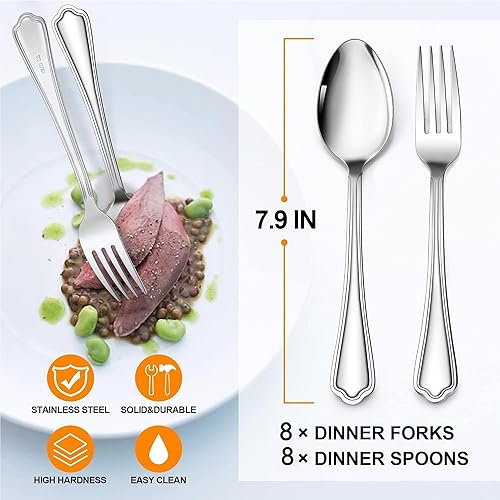 Miniatura 2 de E-far - Juego de 16 cucharas y tenedores de acero inoxidable festoneado, 8 tenedores y 8 cucharas de cena, cubiertos de metal modernos para cocina y