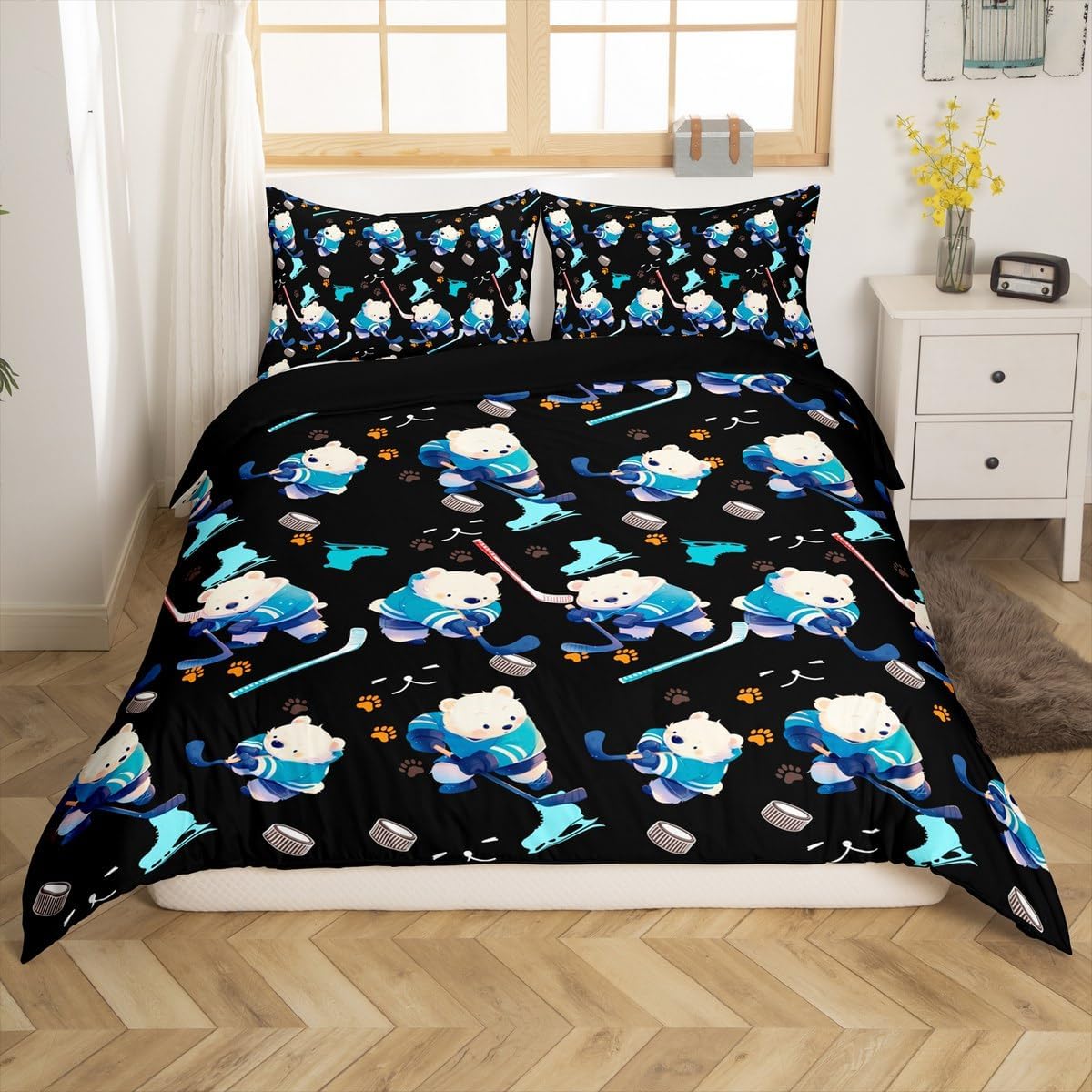 Kawaii Polar Bear Duvet Cover Set Toddler Size,Winter Ice Hockey Skate Sports Games Bedding Set,Boys Girls Room Decor,Cartoon Animal Paws Print Comforter Cover,Black Quilt Cover,1 Pillowcase,No Filler