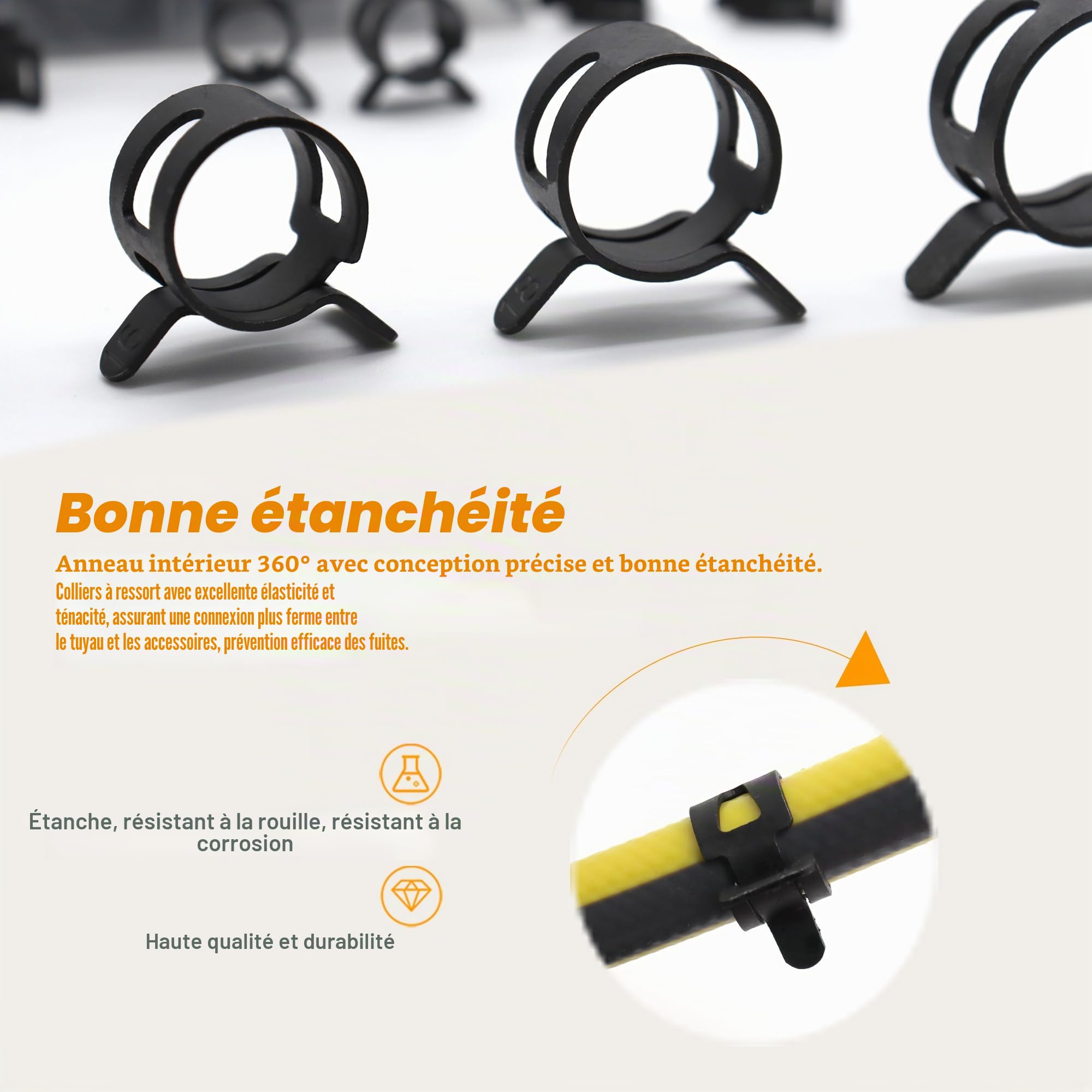 DIYoung 120 Pièces Colliers de Serrage à Ressort 7-22 mm, Noir Clips à Ressort avec Pince, pour Tuyaux et Conducteurs de Carburant (12 Tailles + Pince)