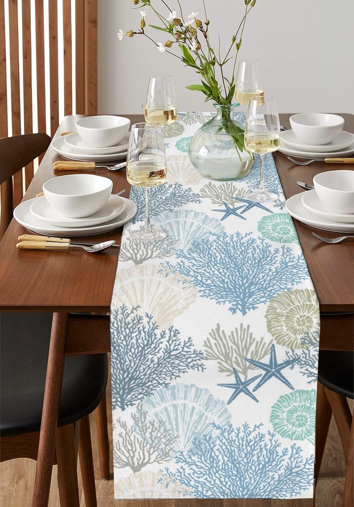 Chemin de Table en Coton et Lin Bleu Corail 13"x60" - Parfait for Une décoration sur Le thème de la Plage en été(Texturelif8331,13x90 inch)