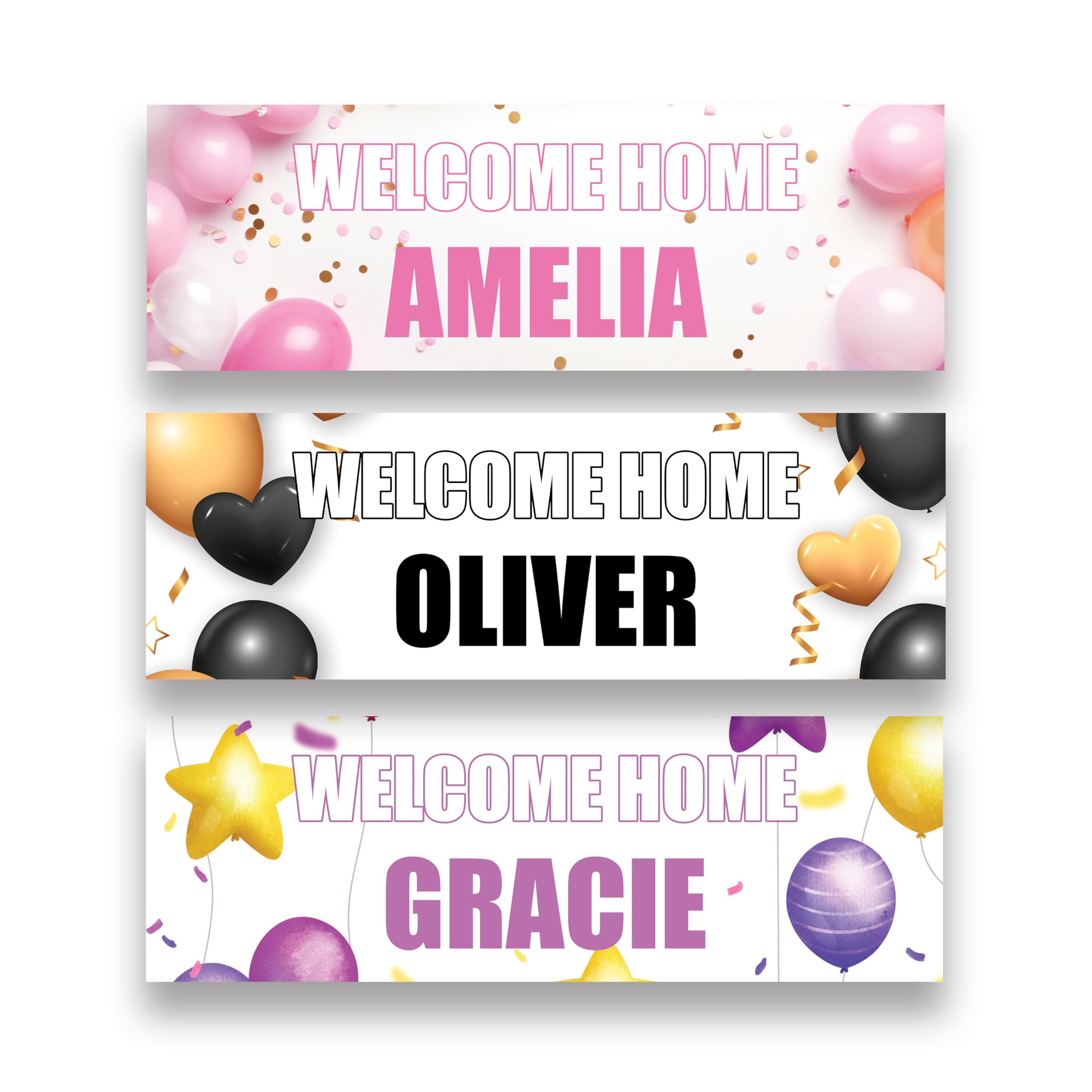 Welcome Home Banner – Personalised Party Sign – 3ft x 1ft or 6ft x 2ft – Black & Gold, Pink or Purple Balloon Design – Printed on 130gsm Paper – Indoor Use – Homecoming Party Decoration