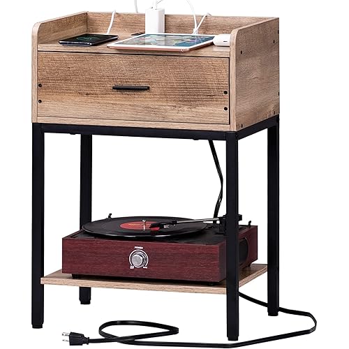 Lerliuo Nightstand with Charging Station and USB Ports, 3-Tier End Side Table with Storage Drawer and Shelf, Modern Bedside Night Stand for Bedroom, Living Room- Greige and Black