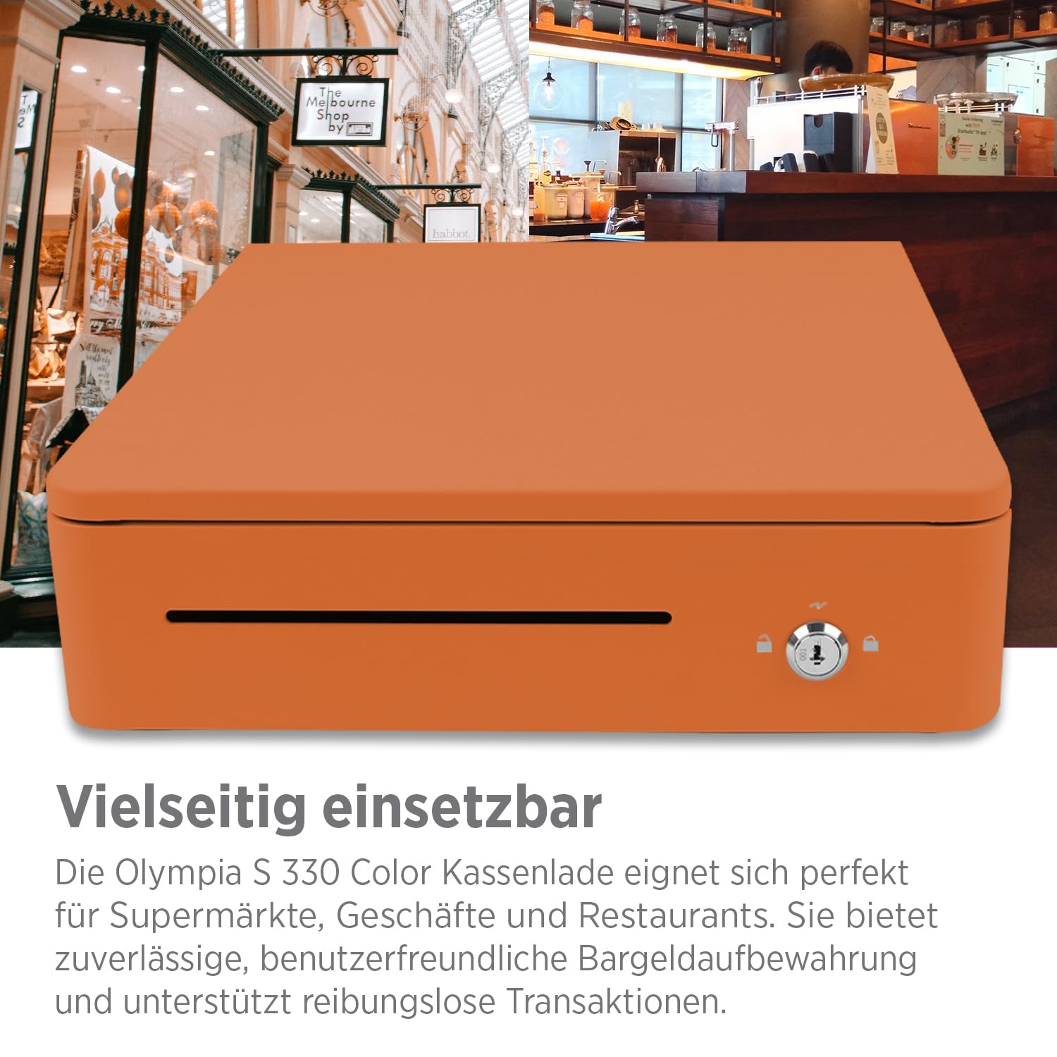 OLYMPIA S 330 Orange | Cassetto contanti con 8 scomparti per monete e 4 scomparti per banconote, robusto cassetto per cassa in metallo, registratore di cassa controllabile elettrico con serratura e