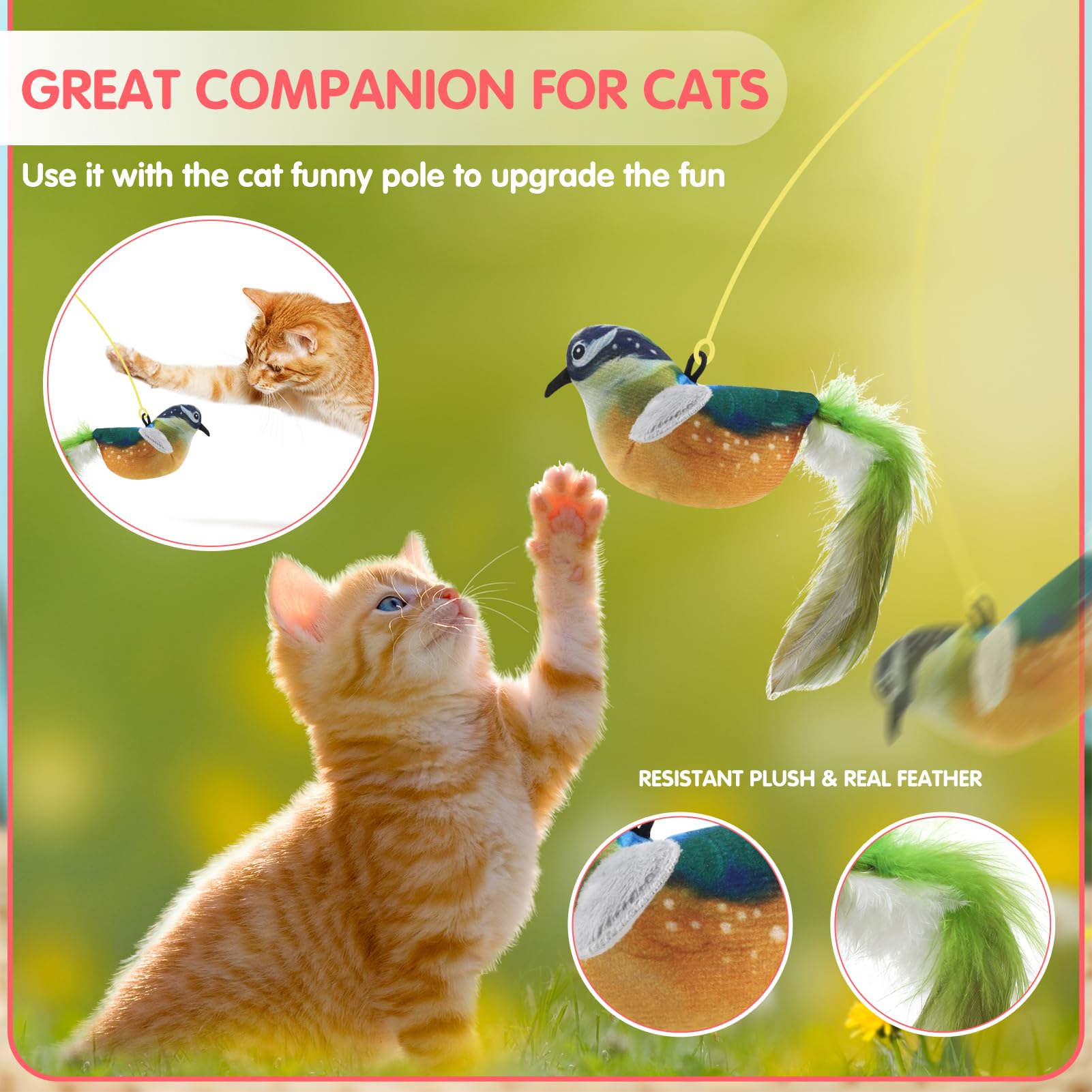 taonganui 2 Stück Fliegender Vogel Katzenspielzeug für Katzen mit Elastisches Seil, Interaktive Katzespielzeug Zwitschern Vogel Cat Toy, Katzenspielzeug Vogel Flattern für Kleine Große Katzen
