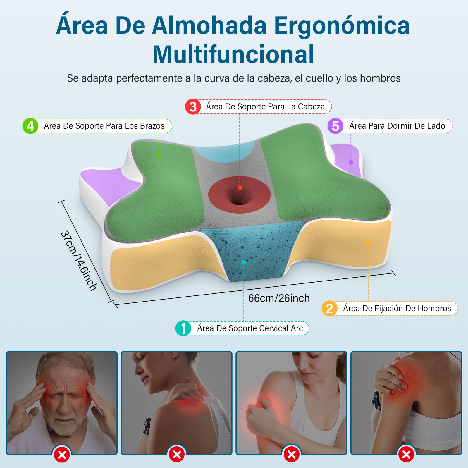 Almohada Cervicales y Cuello, Almohada Cervical en 2 Alturas, Almohada Viscoelastica con Funda de Almohada Extraíble para Dormir de Lado, Boca Arriba y Boca Abajo, 66x37x9/12cm