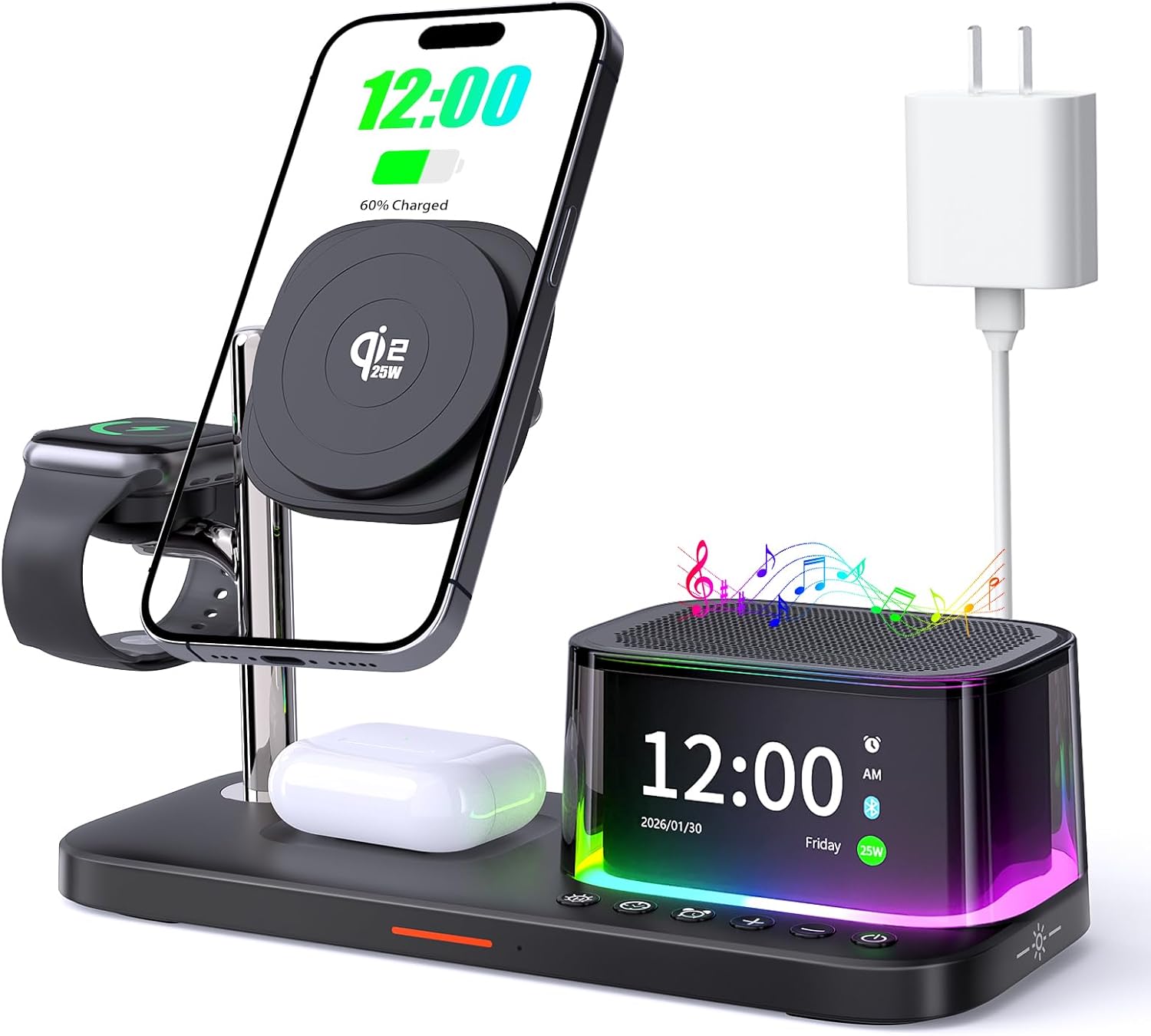 7-in-1 Wireless Charging Station for Multiple Devices for Apple,Qi2.2 25W Magnetic Charger with Bluetooth Speaker & Colorful Night Light, for iPhone 17/16/15/14/13 Pro Max,Airpods,Apple&Samsung Watch