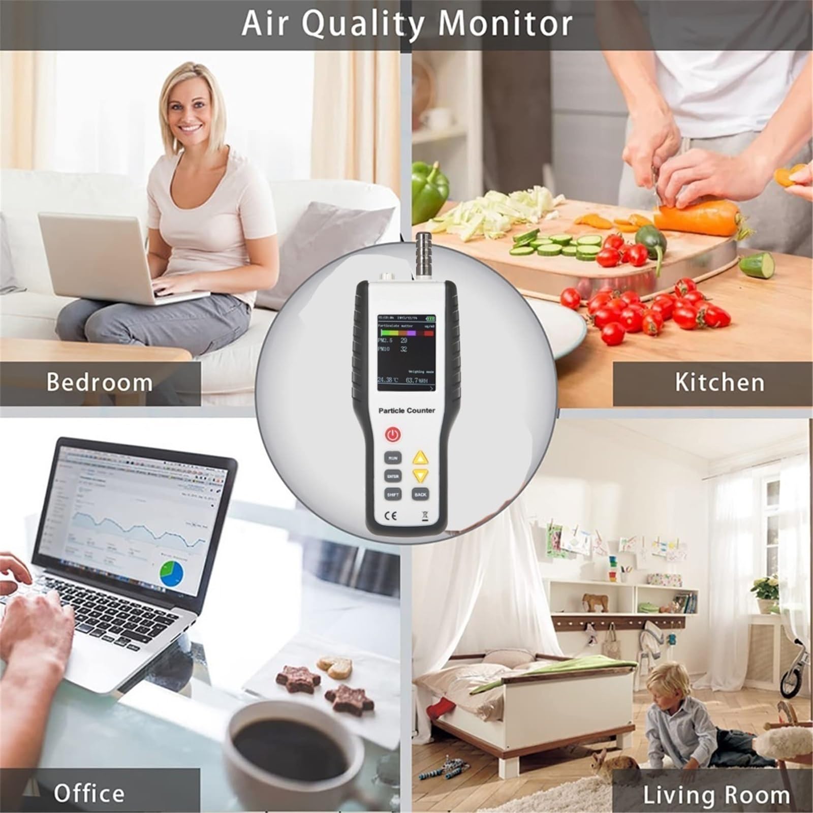 Contador de partículas de Polvo PM2.5 PM10 Detector de contaminación del Aire con Pantalla LCD de 2,8 Pulgadas HT-9600 para monitorear la Calidad del Aire