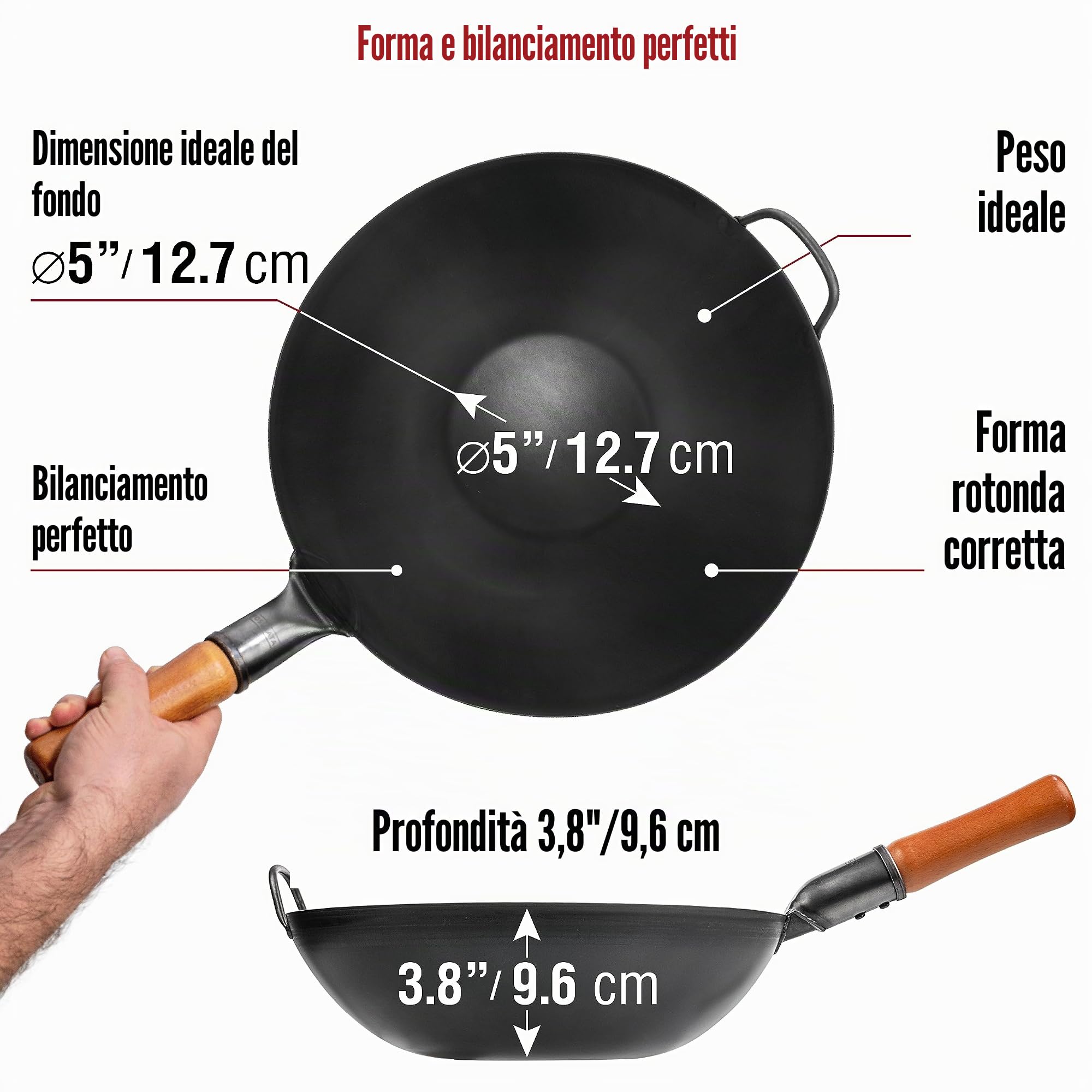 YOSUKATA Wok Padella Professionale 34 cm - Tradizionale Wok Acciaio al Carbonio Fondo Piatto + Coperchio Wok 32,5 cm