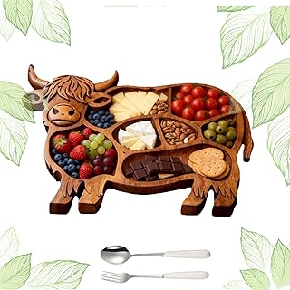 Highland Cow Wooden Charcuterie Board, Wooden Cow Food Platter, Farmhouse Style Highland Cattle Shaped Serving, Handcrafted Solid Wood Serving Tray with Compartments (A)