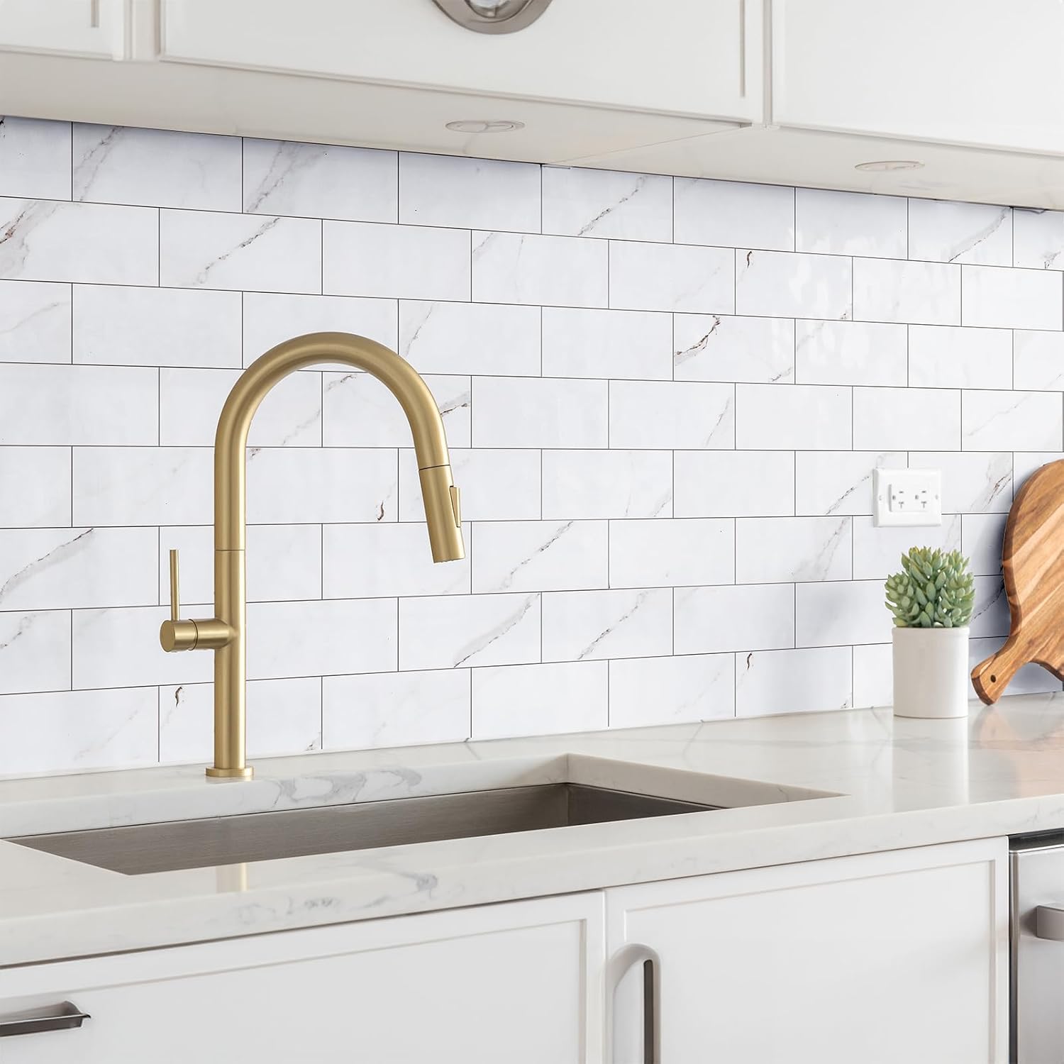 StyloVue 100 Pieces Peel and Stick Backsplash for Kitchen, 3" x 6" PVC Subway Tile 2026 Upgraded Glossy White Marble with White Grout Backsplash Stick on Tile Elevate Kitchen Fireplace RV