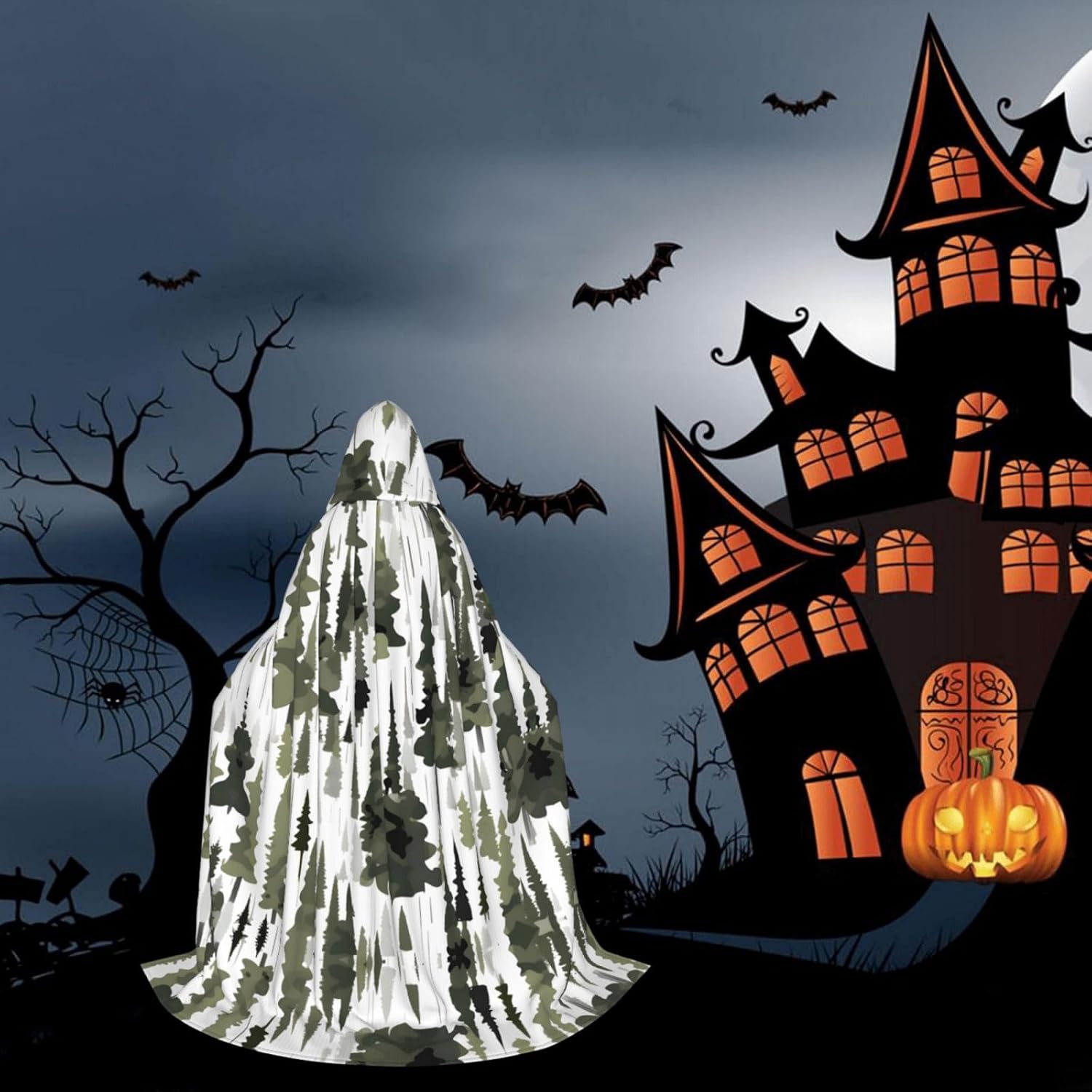 White Trees Camo pattern print Wizard Hooded Robe Medieval Cape Renaissance Cloak for Men Women Halloween Costume
