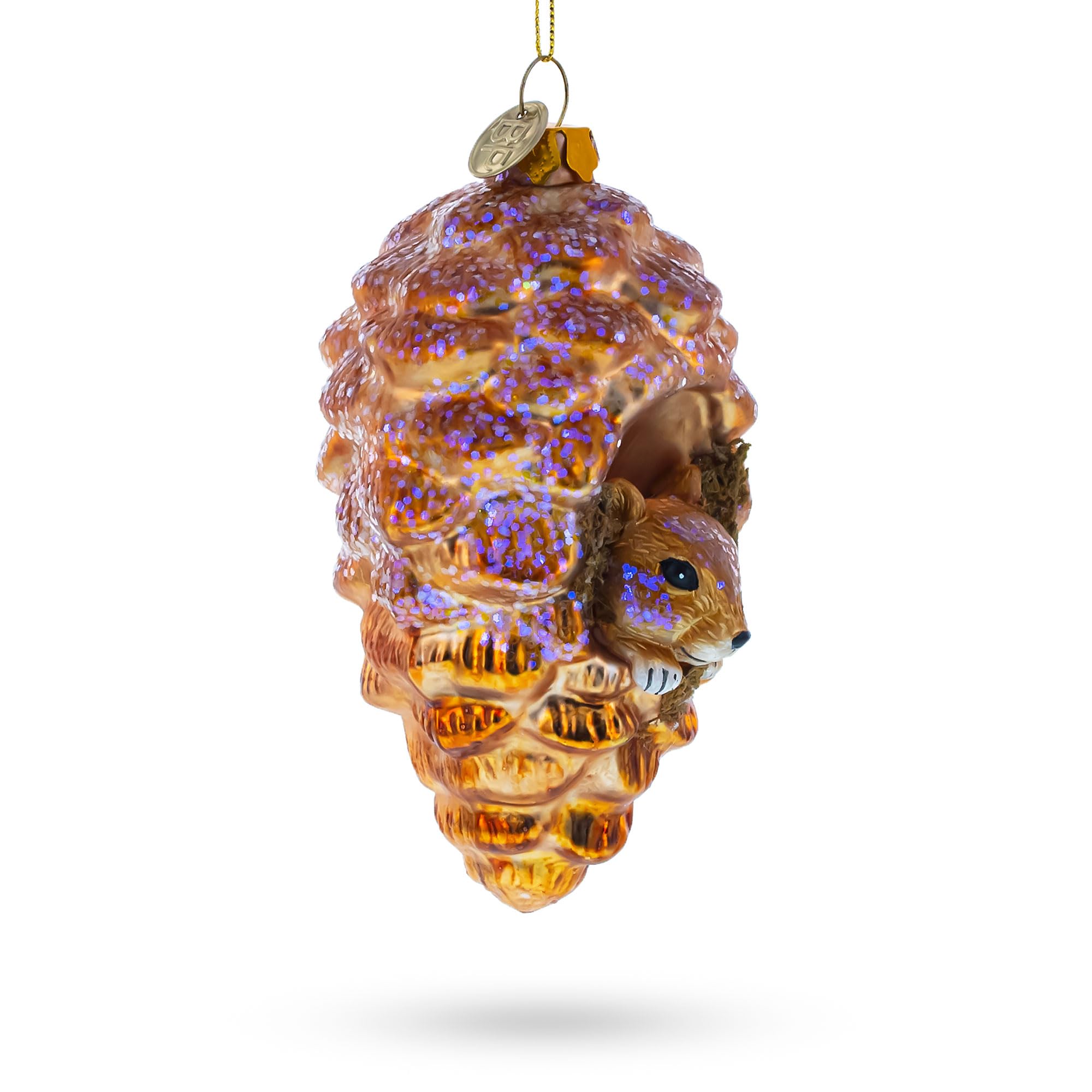 Squirrel Nestled in Pine Cone Blown Glass Christmas Ornament