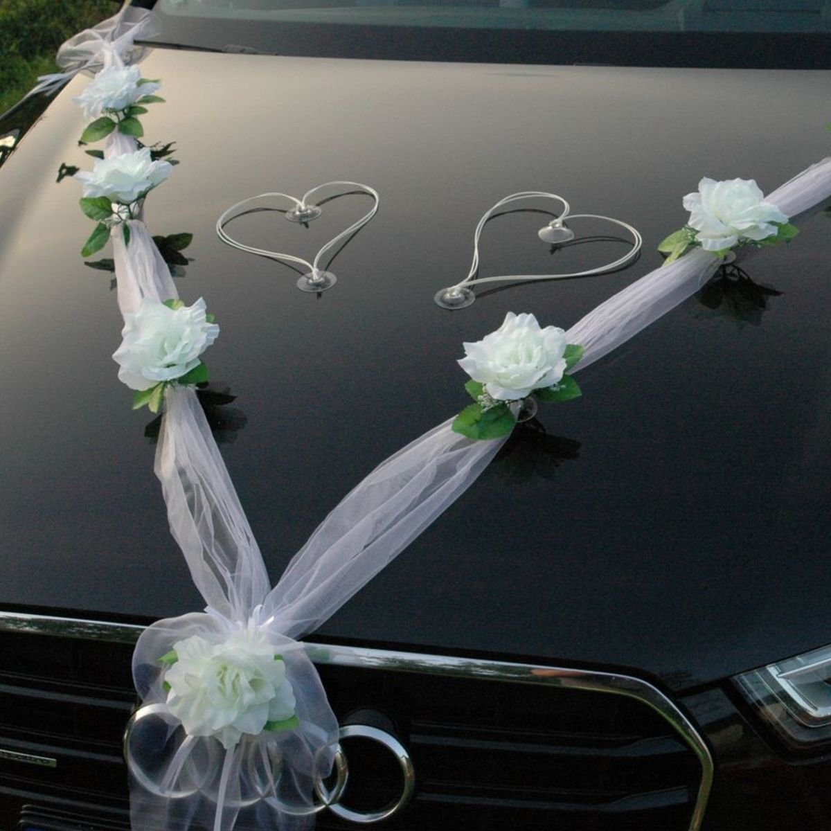 Autoschmuck Organza M + Hearts Wedding Car Decoration, Rose Decoration, Bride and Groom, Decorative Rattan Garland Weiß / Weiß / Weiß - Image 4