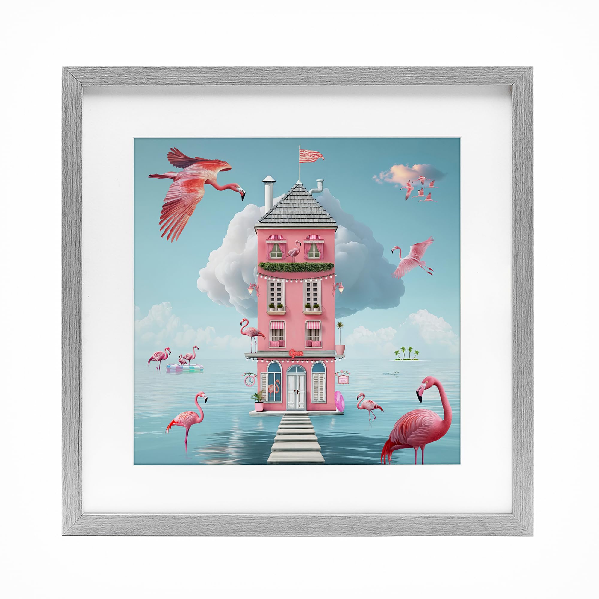 Impression encadrée Flamingo Hotel on Water par Stupell Industries, cadre bouleau 33x33 cm