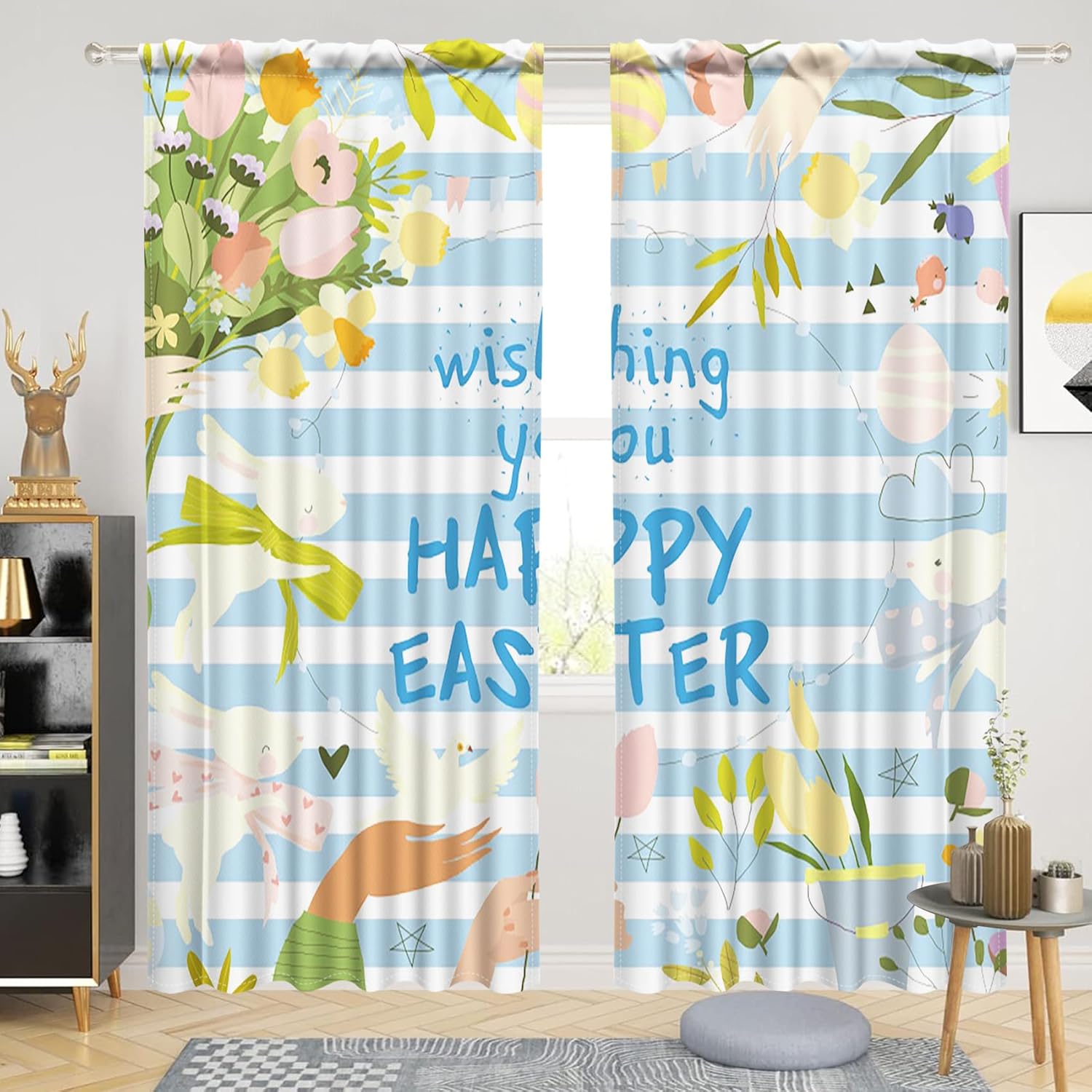 Renaiss 26 x 45 Inch Happy Easter Small Tier Curtains for Restaurant Cafeteria Easter Holiday Decorations Easter Bunny Eggs Kitchen Bathroom Rod Pocket Window Treatment Curtains Linen Fabric 2 Panels