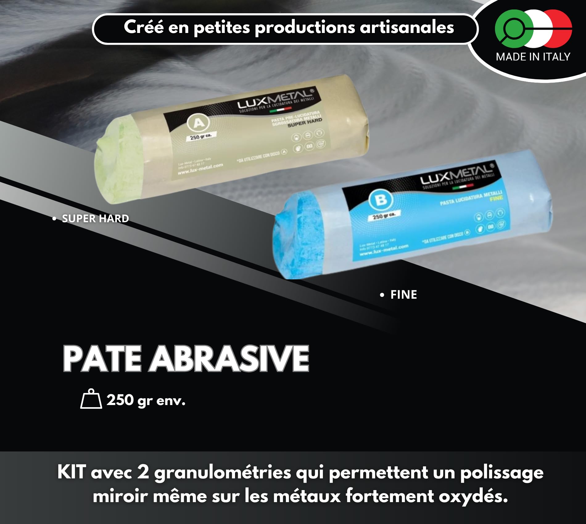 Lux Metal - Kit 2 Disques de Polissage de 150 mm et 2 Pâtes Abrasives de 250 gr - Parfaits pour polir des métaux tels que l'aluminium, le fer, l'acier inoxydable, le laiton, le cuivre, l'or, le marbre