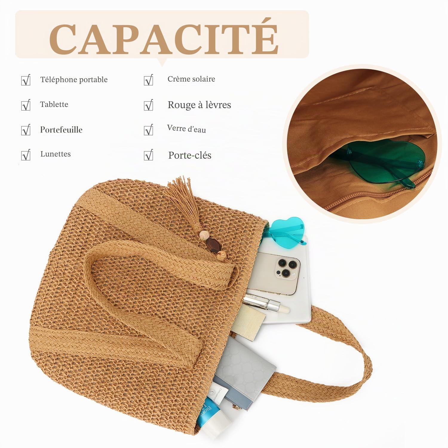 EVEOUT Sac à bandoulière en paille pour Femmes Filles Sac à main d'été en paille Cabas Sac de plage tissé pour vacances voyages(Marron clair 02)