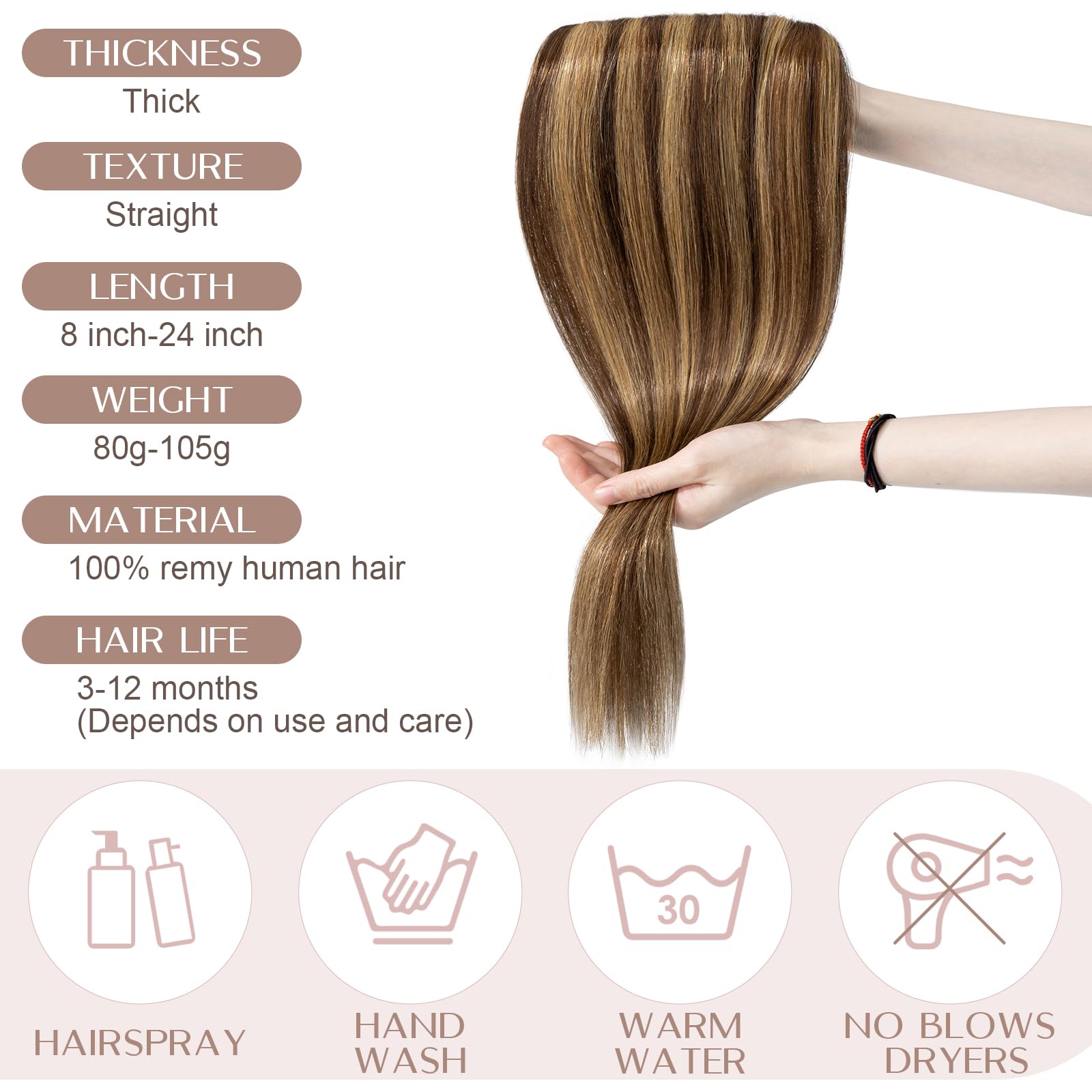 14"(35cm) SEGO Extensiones de Cabello Natural Clip Una Pieza GRUESA [#4/27 Castaño Chocolate/Rubio Oscuro] 100% Remy Pelo Humano Liso Postizos (75g) — view 7