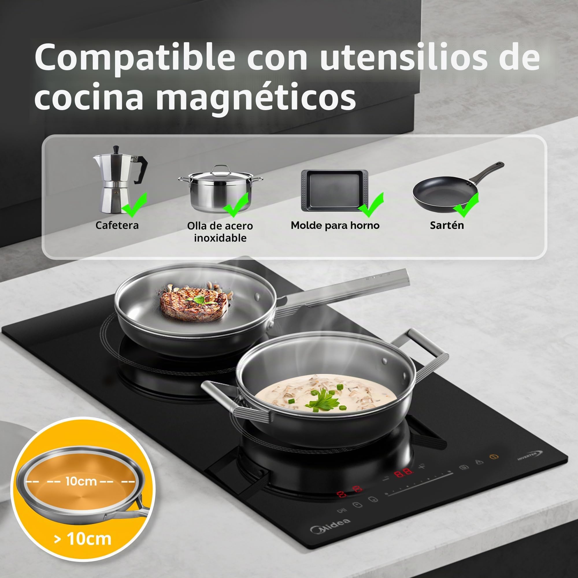 Midea Placa de inducción con 2 zonas de cocción. Placa de cerámica empotrada, cableado, control táctil, apagado automático, protección para niños