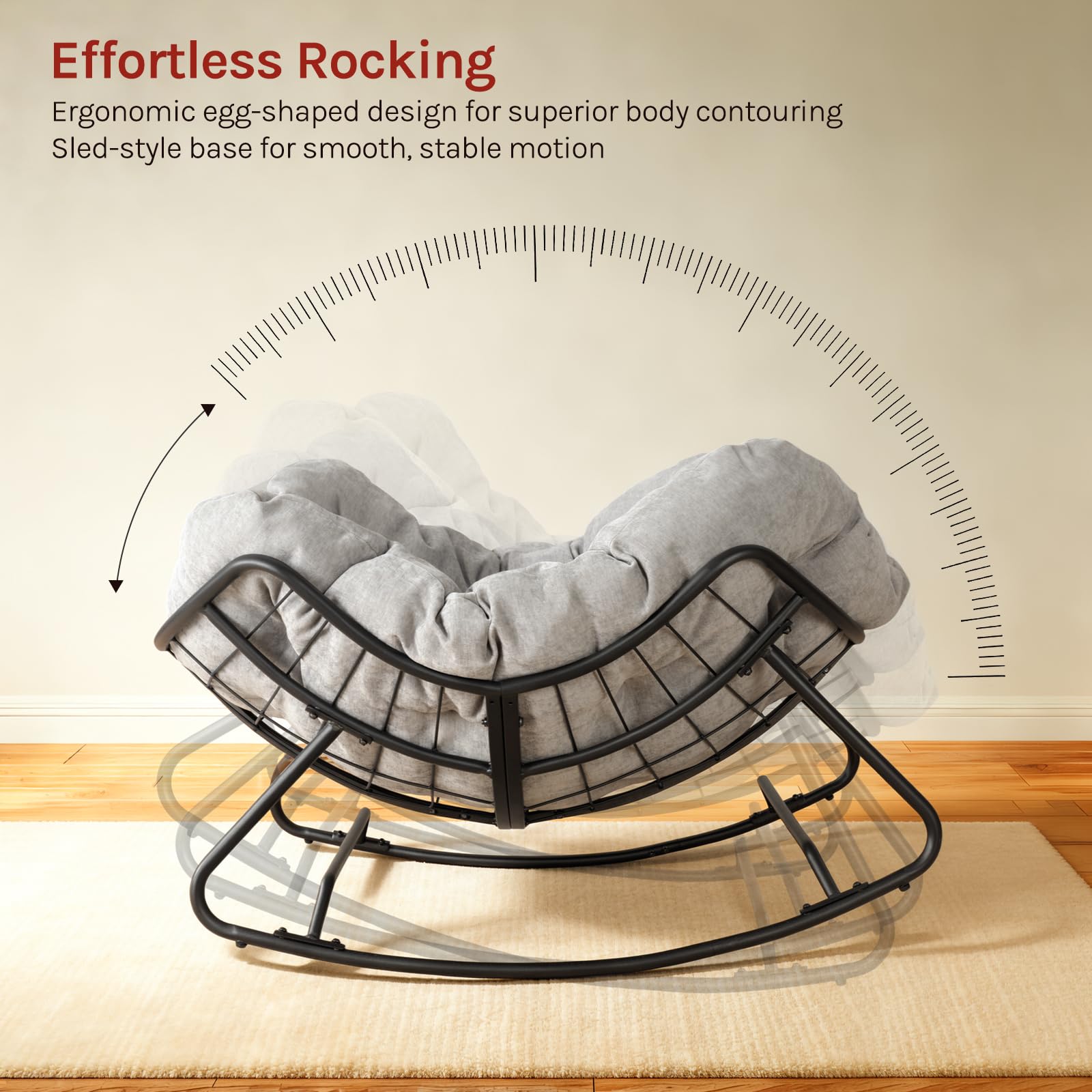 WOLTU Sedia a Dondolo a Forma di Uovo, Poltrona Relax con Gambe Curve, Struttura in Metallo e Cuscino in Ciniglia, Portata 150 kg, per Salotto e Balcone, Grigio Chiaro