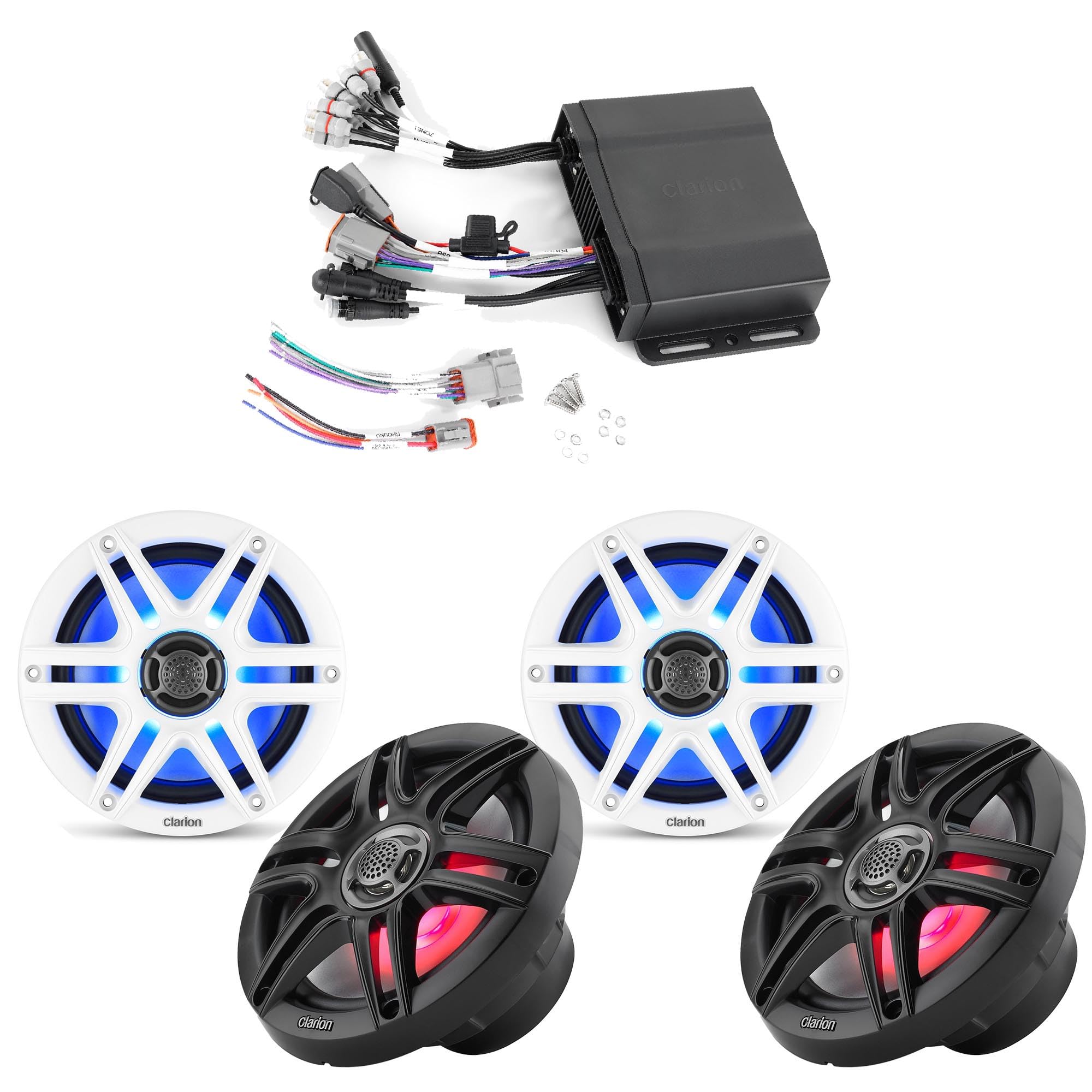 Clarion CMM-30BB Hideaway Marine Source Unit with (2) CMS-651RGB-SWB 6.5-inch LED RGB Marine Coaxial Speakers, Sport Grilles