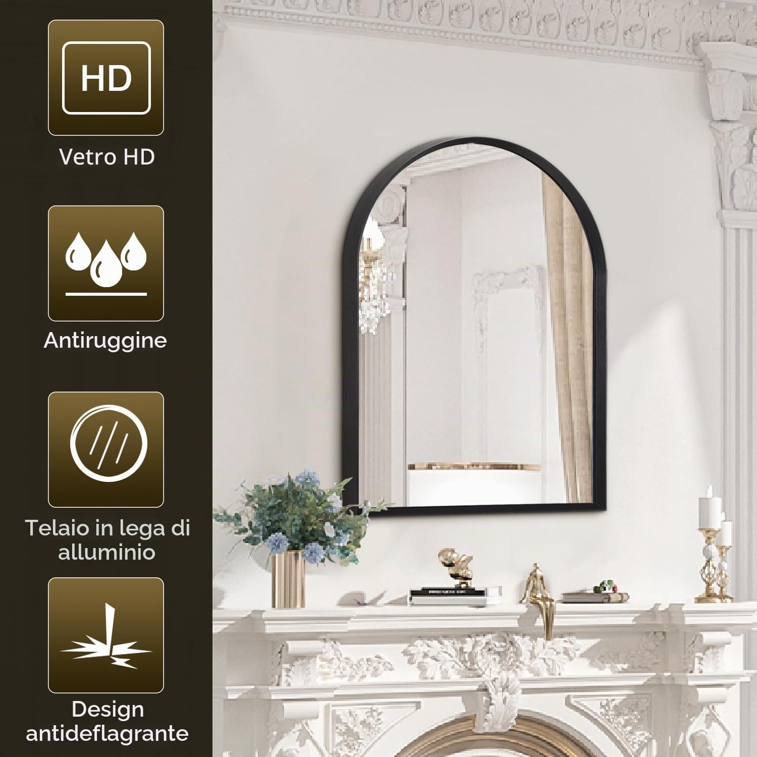 Specchio da bagno ad arco, specchio da parete, specchio da parete nero con cornice in metallo, decorazione per la casa per camera da letto, ingresso, soggiorno, 40 x 50 cm