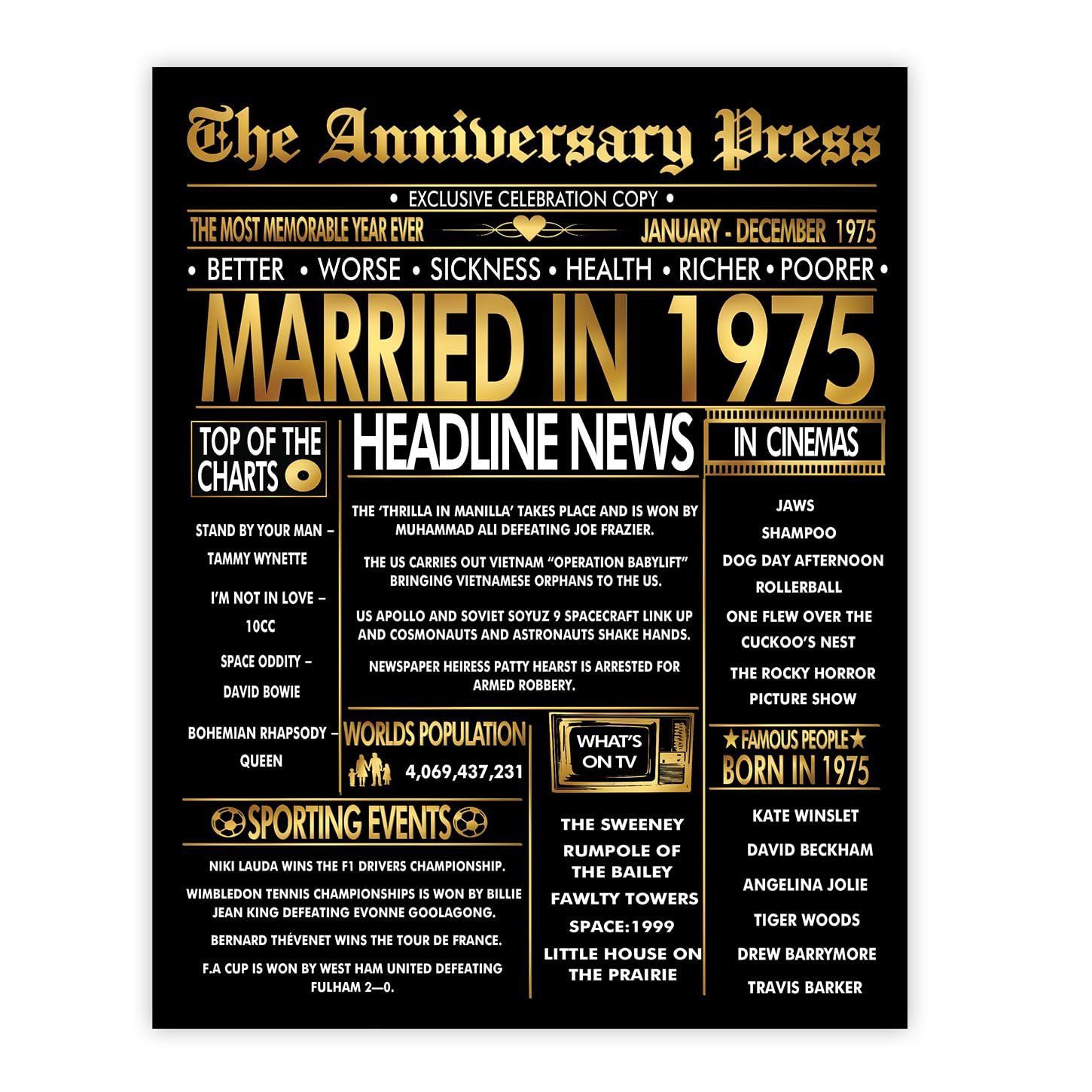 Stuff4 Gold 51st Anniversary Poster Unframed - Golden Married In 1975 Newspaper - 51 Wedding Anniversary for Men Women Vintage Gifts Back In 1975, 8x10 Inch Anniversaries Posters