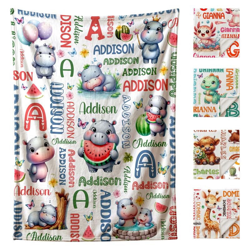 Image of Custom Hippo Blanket for Boys Girls,Ultra Soft Personalized Gifts Baby Blanket,Customized Throw for Toddlers Newborn Stroller Crib,60 inchx80 inch