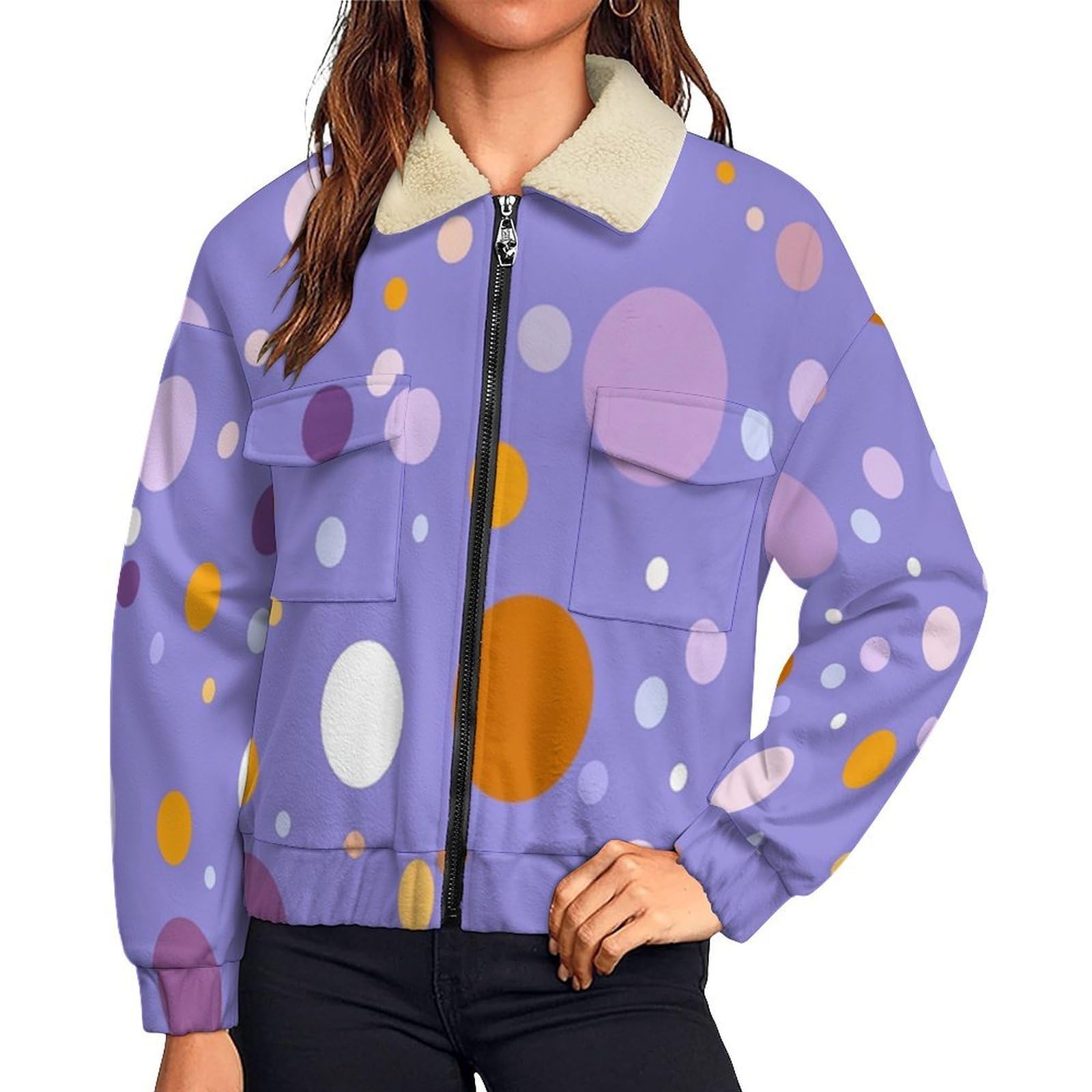 Giacca in Pile da Donna con Chiusura Lampo su Tutta la Lunghezza, Colletto Revers, Cappotto Cerchio Polka Calda Invernale con Tasche, per Escursioni e Tempo Libero