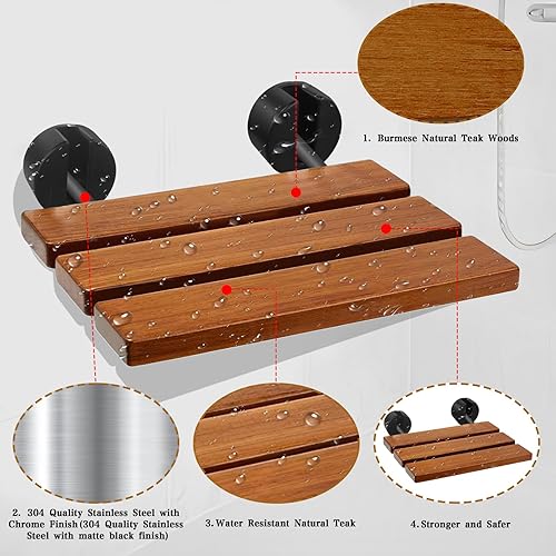 Miniatura 3 de Asiento de ducha plegable de teca de 20 pulgadas montado en la pared, banco de ducha plegable, asiento de ducha plegable, asiento de ducha de teca