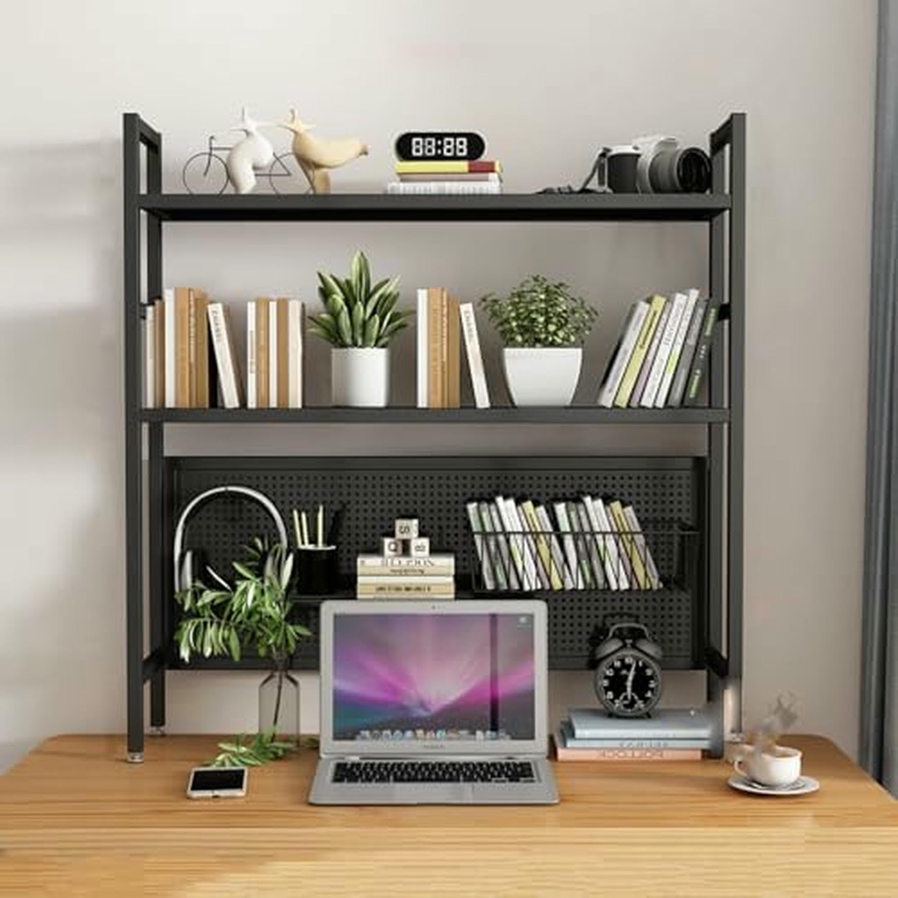 CWCQGH Black Desktop Hutch & Bookshelf - 95cm Student Pegboard Bookcase for Dormitory & Home Office - Computer Desk Storage Rack & Display, Single Layer Organization Solution,Black Double Layer-95cm