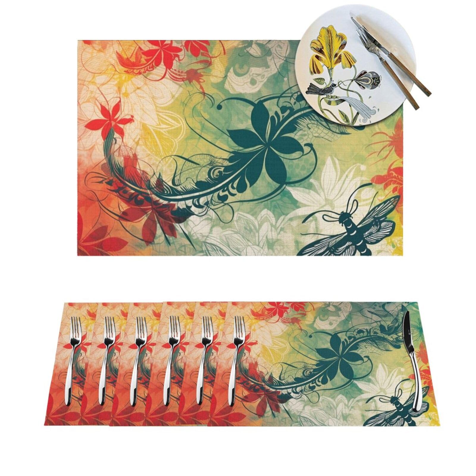 Lot de 6 sets de table en PVC tissé antidérapant fleur libellule 30,5 x 45,7 cm