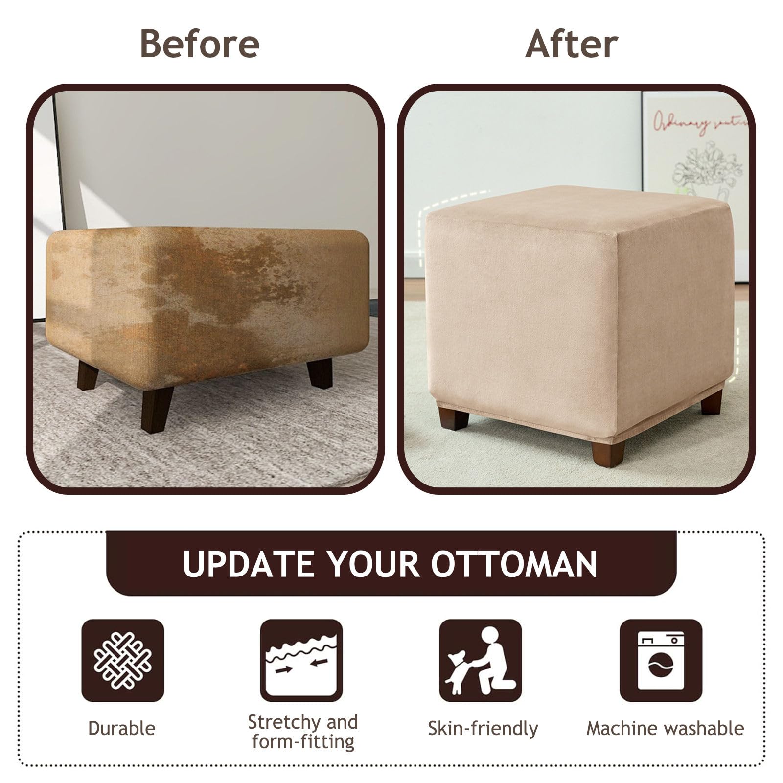 Housse Ottoman Velours Housse De Pouf Carré Extensible - Protection En Velours Doux Pour Repose-pieds 75x75 Cm, Lavable Décoration Maison