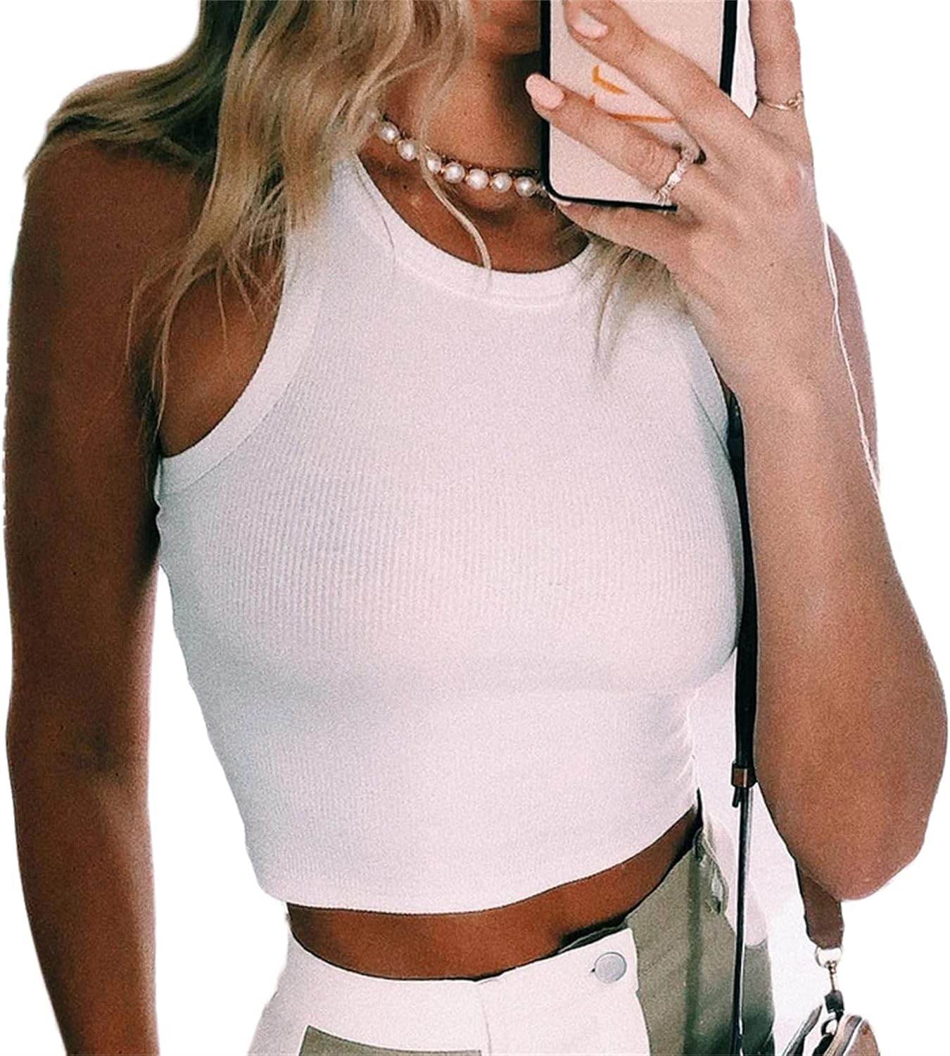 Andongnywell Women's Summer Stretch Slim fit Round Neck Ribbed Tank Basic Solid Color Short Top Blouse Tunics