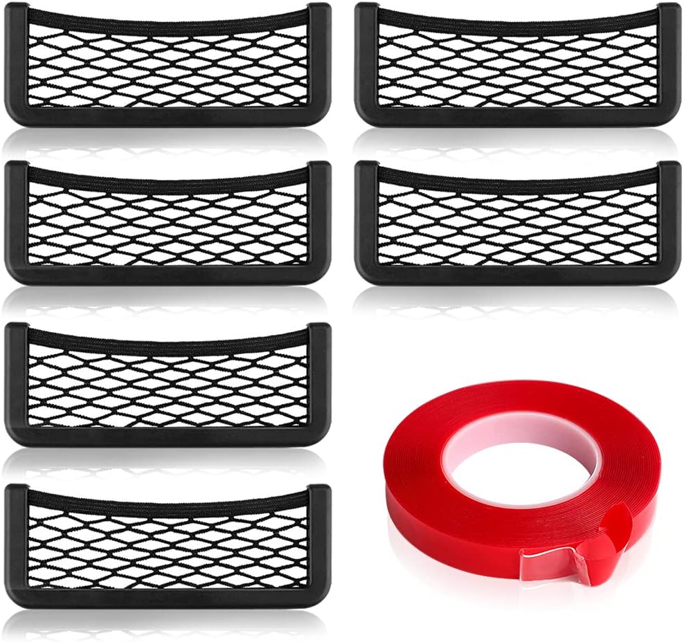 Car Storage Net Bag, 6 Pack ABS Plastic Frame with Stretchable Mesh Net, Universal String Bag Car Seat Side Back Stick-on for Purse Phone Holder Pocket Organizer with 1PC Double Sided Tape Gift