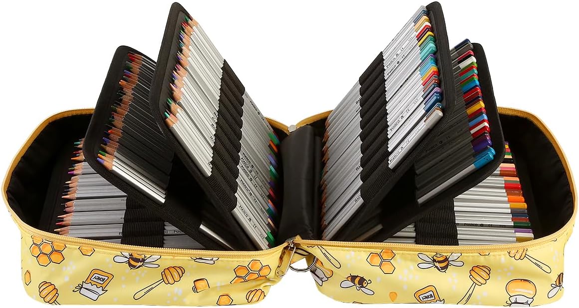 Colored Pencil Case 100 Slots hold 300 pcs Pencils or 200 gel pens. Organizer Large Capacity with Handy Wrap Portable Multilayer Holder for Watercolor Pencils & Gel Pen Markers