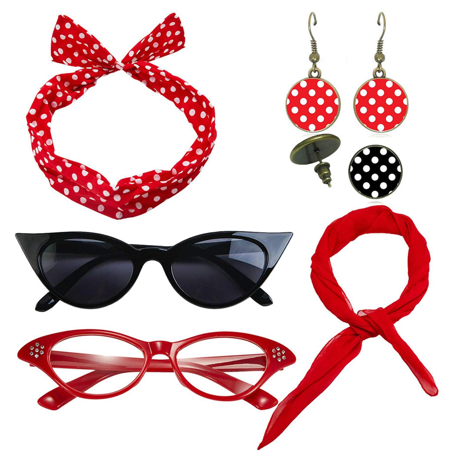 6 accesorios de disfraz de los años 50, kit de disfraz de los años 50, bandana de lunares, diadema, gafas de gato, aretes, decoración de fiesta retro de los años 50, disfraz de grasa para mujeres y