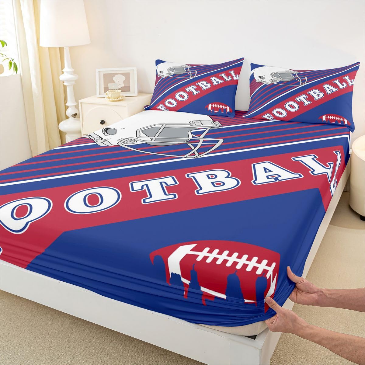Erosebridal Boys Bed Set Gridiron Fitted Sheet Blue and Red Rugby Game Helmet Bed Sheets Football Sports Seasonal Sheets with 2 Pillowcases, Queen