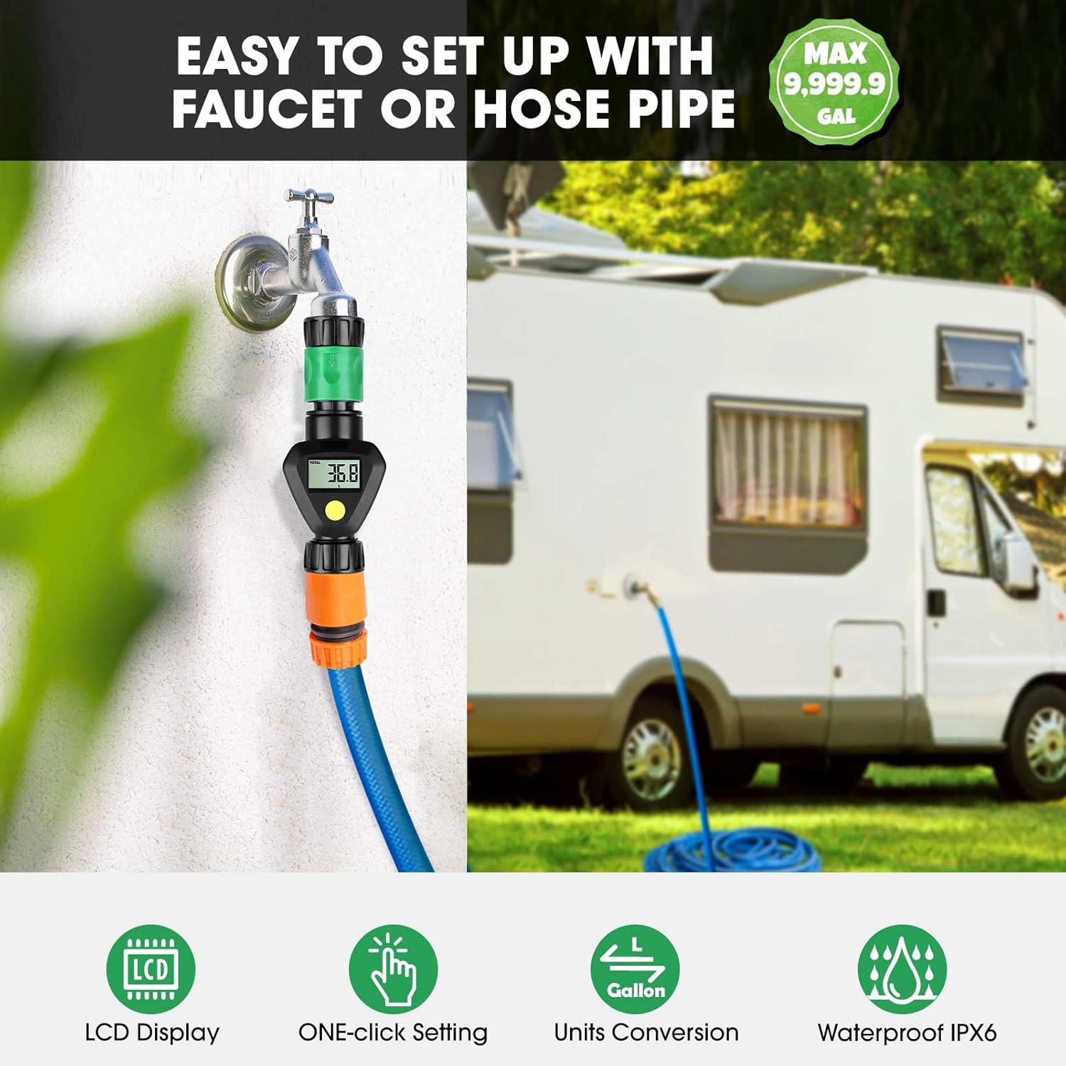 Water Flow Meter RV Hose Meter Flowmeter with Quick Connectors