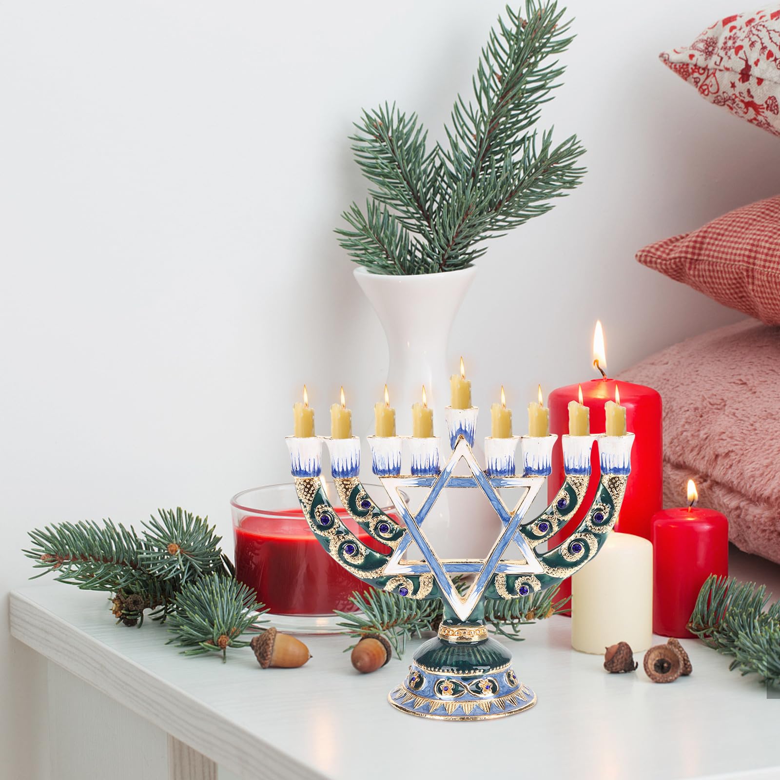 Candeliere Ebraico di Hanukkah a 9 Rami in Lega Retrò Decorativo per Decorazione da Tavolo Posizionamento Stabile per Banqueting e Ambienti Domestici