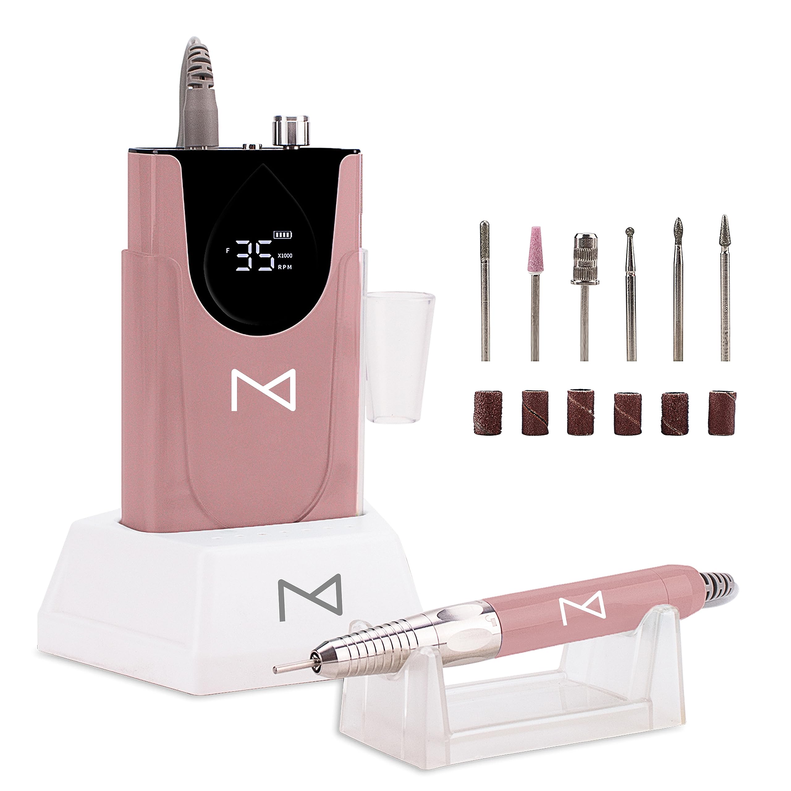 M Max - Professional Nail Drill Machine - 2-in-1 Brushless Motor Nail File - Electric, Cordless, Aluminium Alloy Casing, 35000 RPM, HD Display - Perfect for Salon & Home Use (Rose Gold)