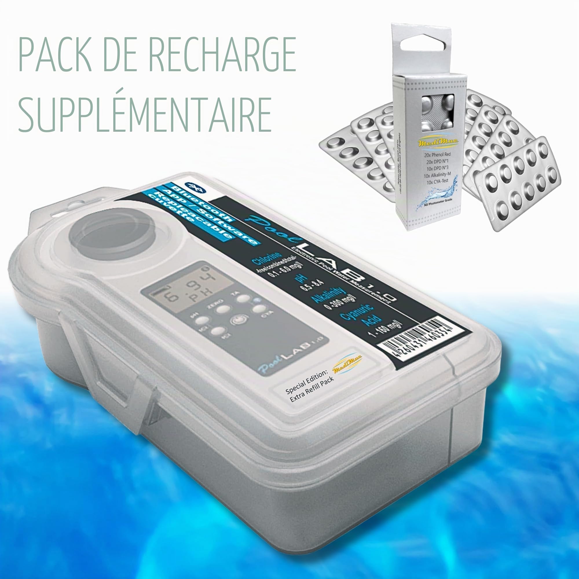 MediMuc PoolLab 1.0 Photomètre 13 en1, avec 70 pastilles, un lot de pastilles supplémentaire