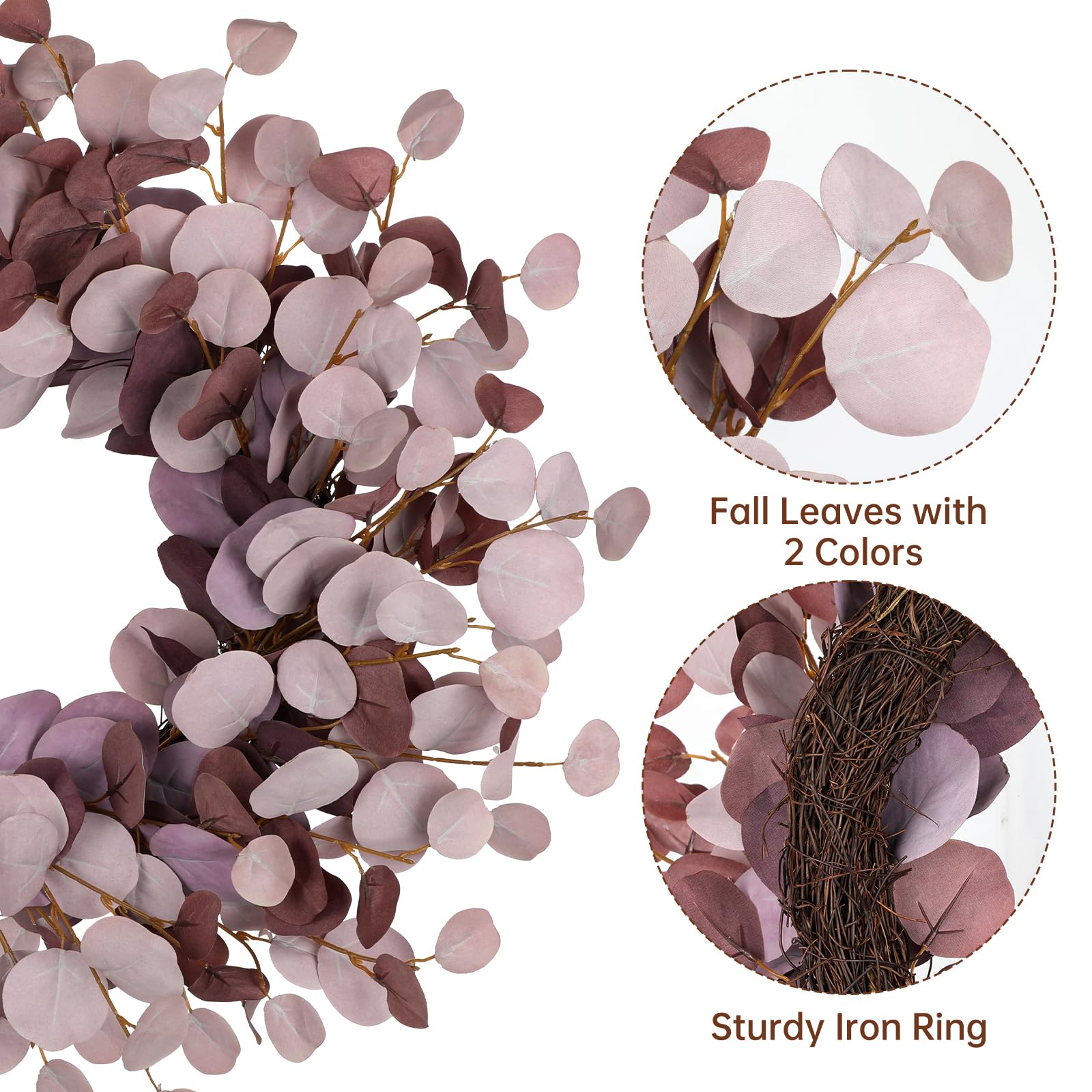 Künstlicher Eukalyptuskranz Ø 61 cm – Türkranz mit Grapevine-Basis, Dekokranz in Bordeaux – Kunstkranz für Haustür, Wanddeko, Fenster & Herbst Frühling Dekoration