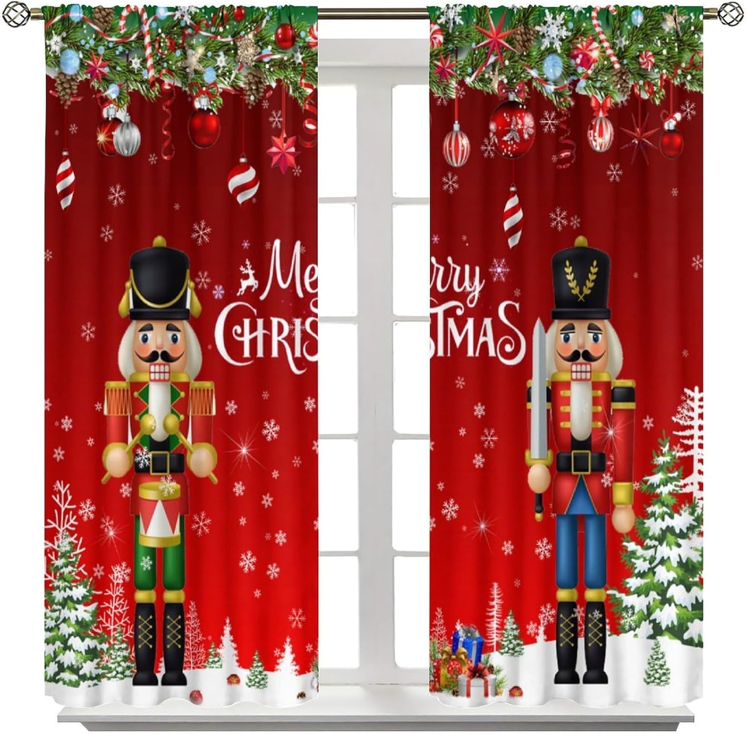 Kids Christmas Nutcracker Curtain Soldier Model Merry Xmas Window Treatments for Bedroom Living Room Snowflakes Winter Red Drapes for New Year Xmas Eve Family Holiday Party 42x63in(Decor)