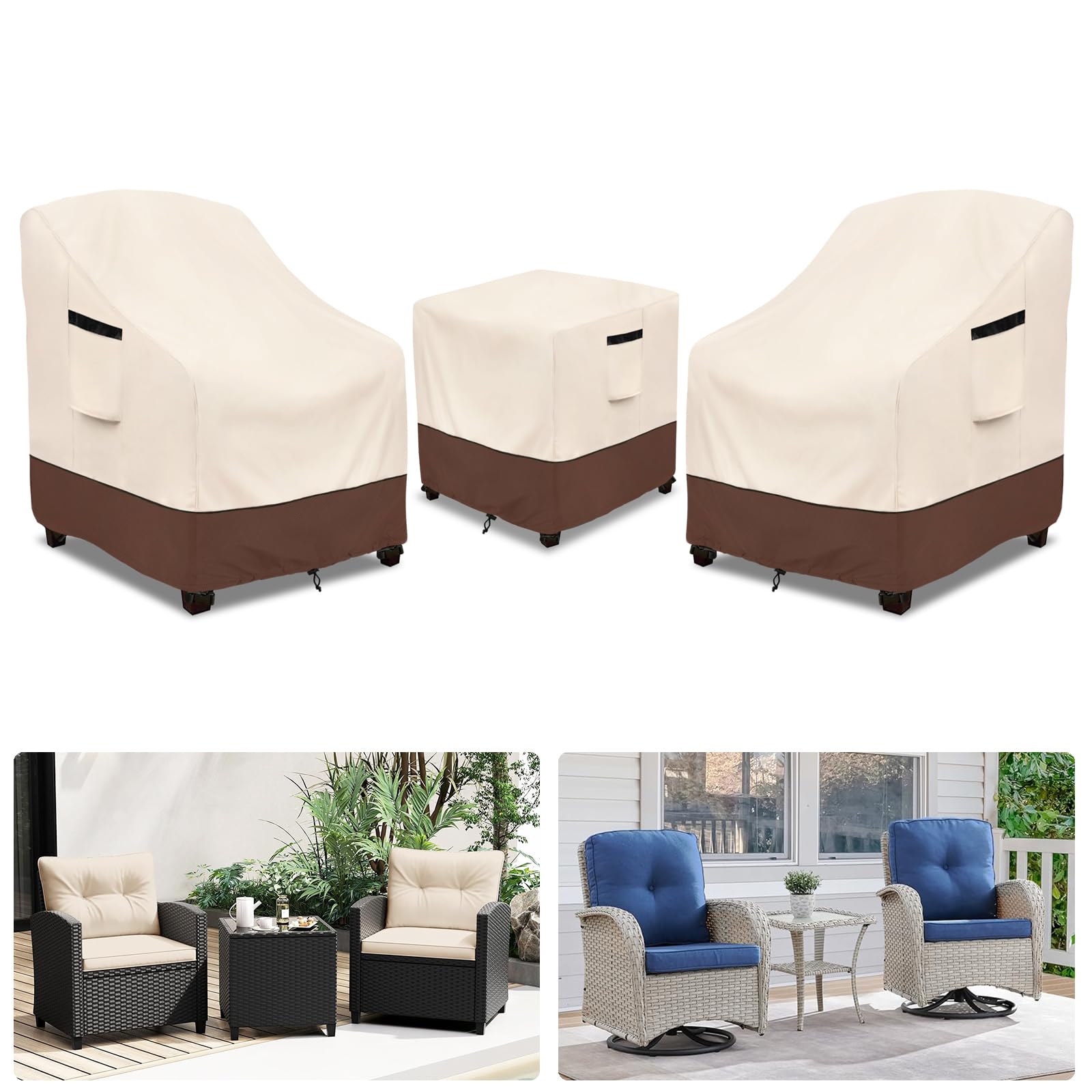Rileytee Outdoor Furniture Covers Waterproof,600D Heavy Duty Patio Furniture Covers 3 Piece Set,Patio Set Cover for 2 Chairs and Side Coffee Table(Beige,Large)