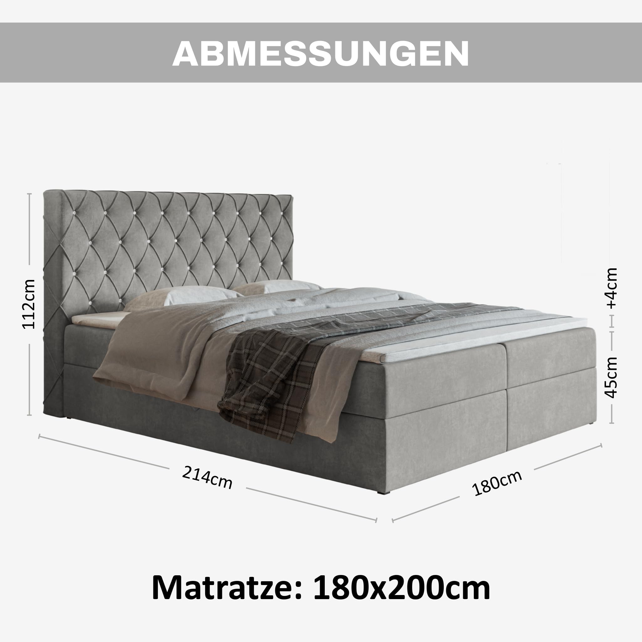 MOTIVENA Malta Boxspringbett 180x200 mit Bettkasten und Topper, Polsterbett 180x200 mit Bettkasten, Taschenfederkern-Matratze (H3), Visco Topper (H2), mit Strass, Samt, Grau (Hellgrau)